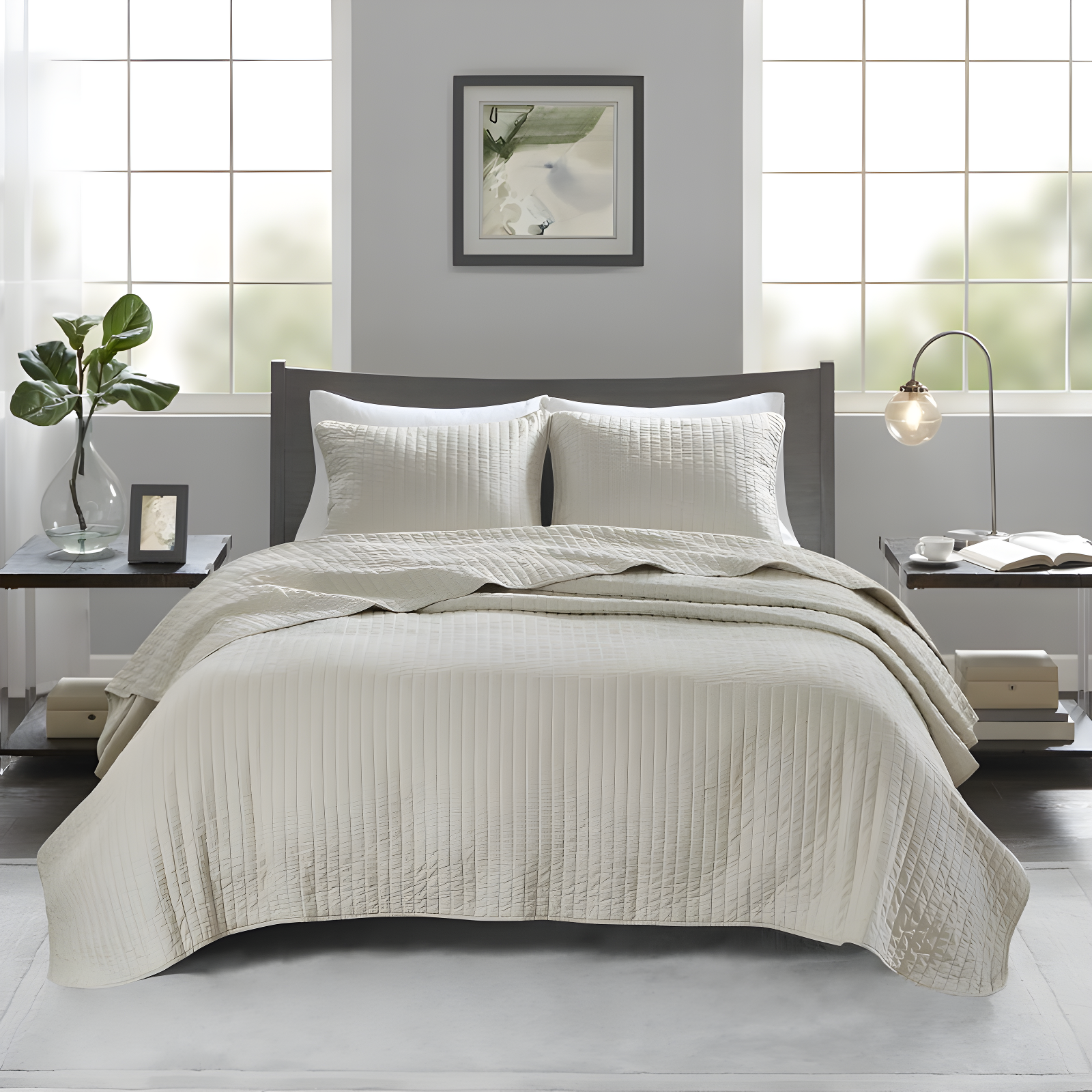 Beige Twin Reversible Microfiber Quilt Set