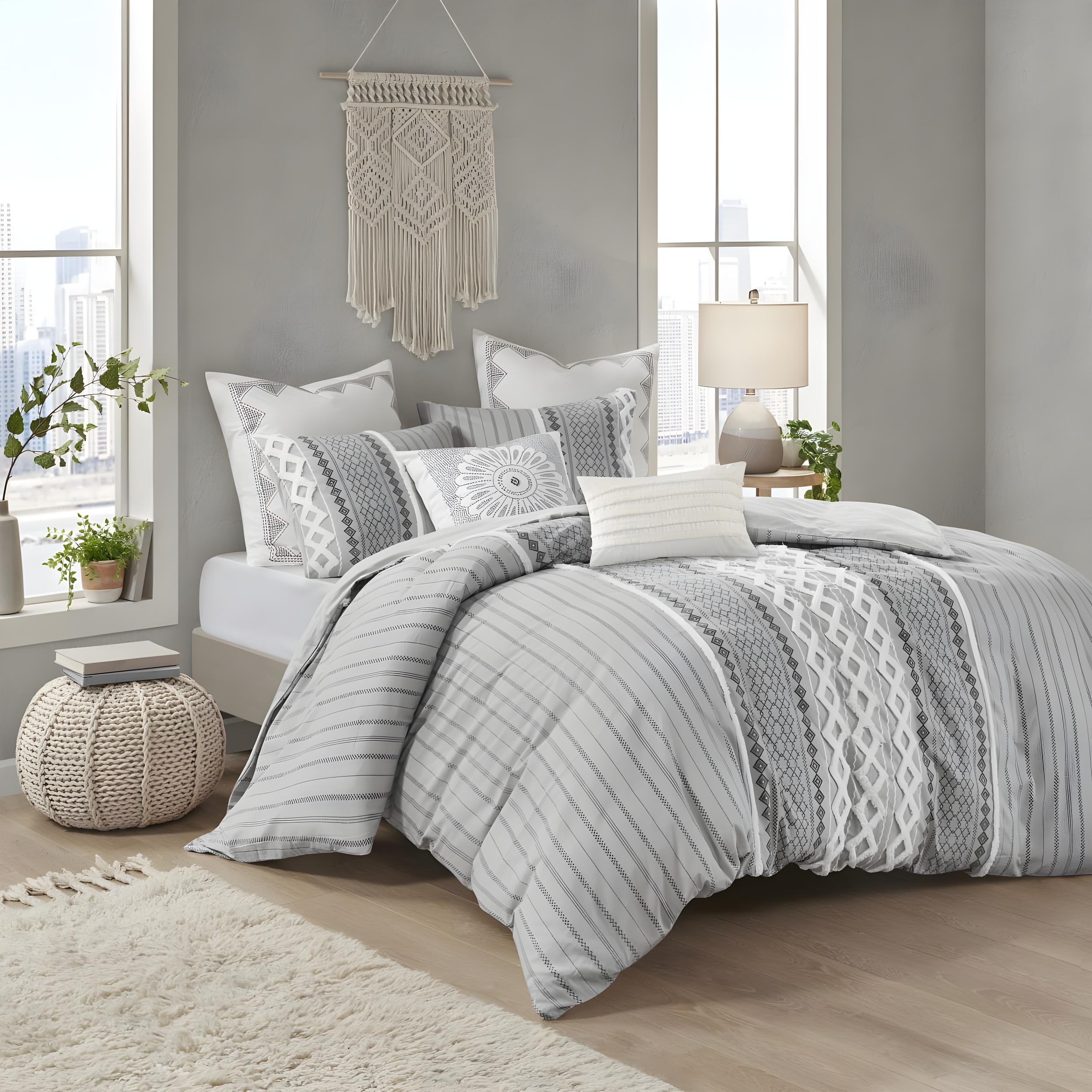 Gray Geometric Cotton King Comforter Set with Frayed Embellishments