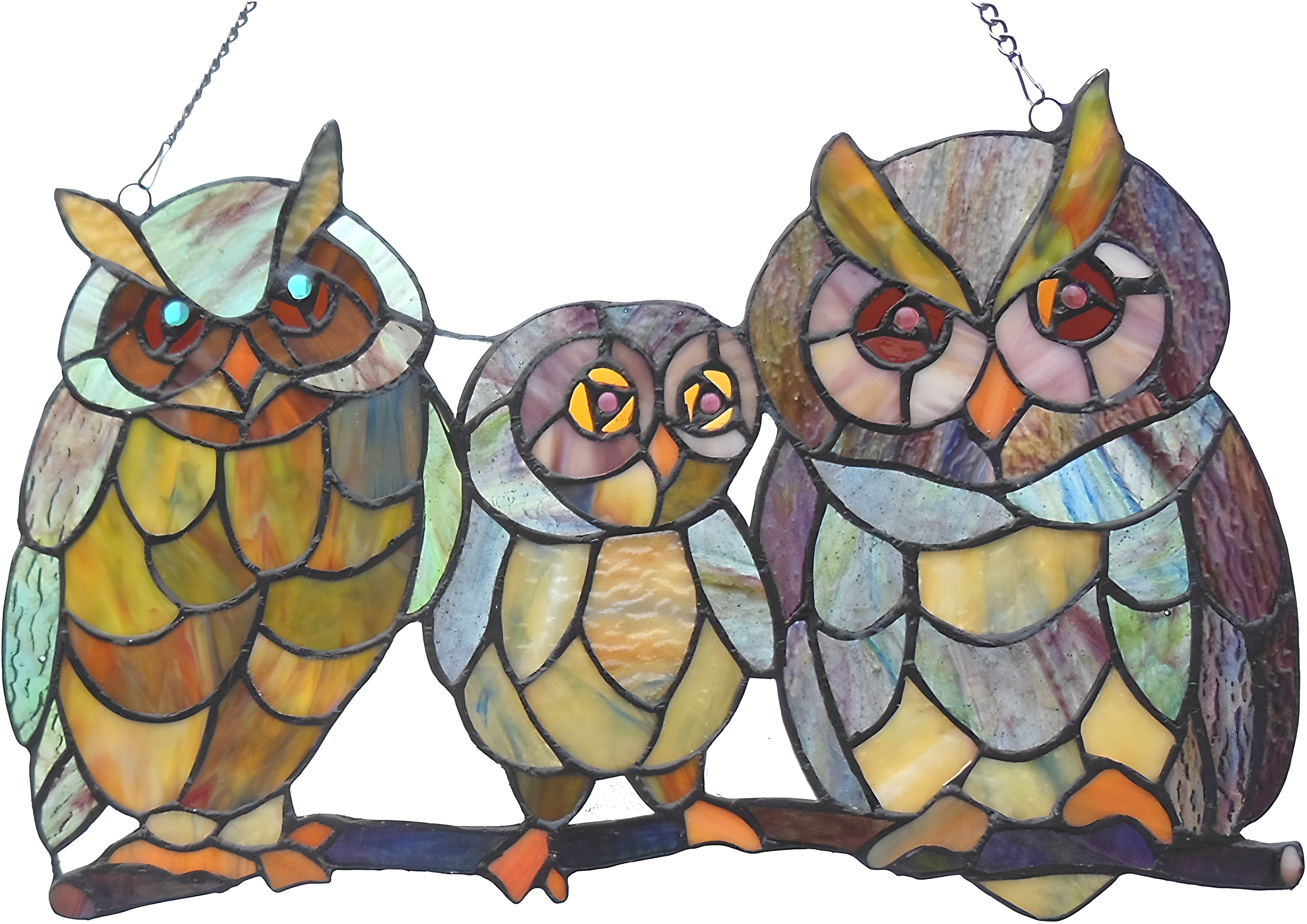 Ollie Multicolor Stained Glass Owl Family Window Panel