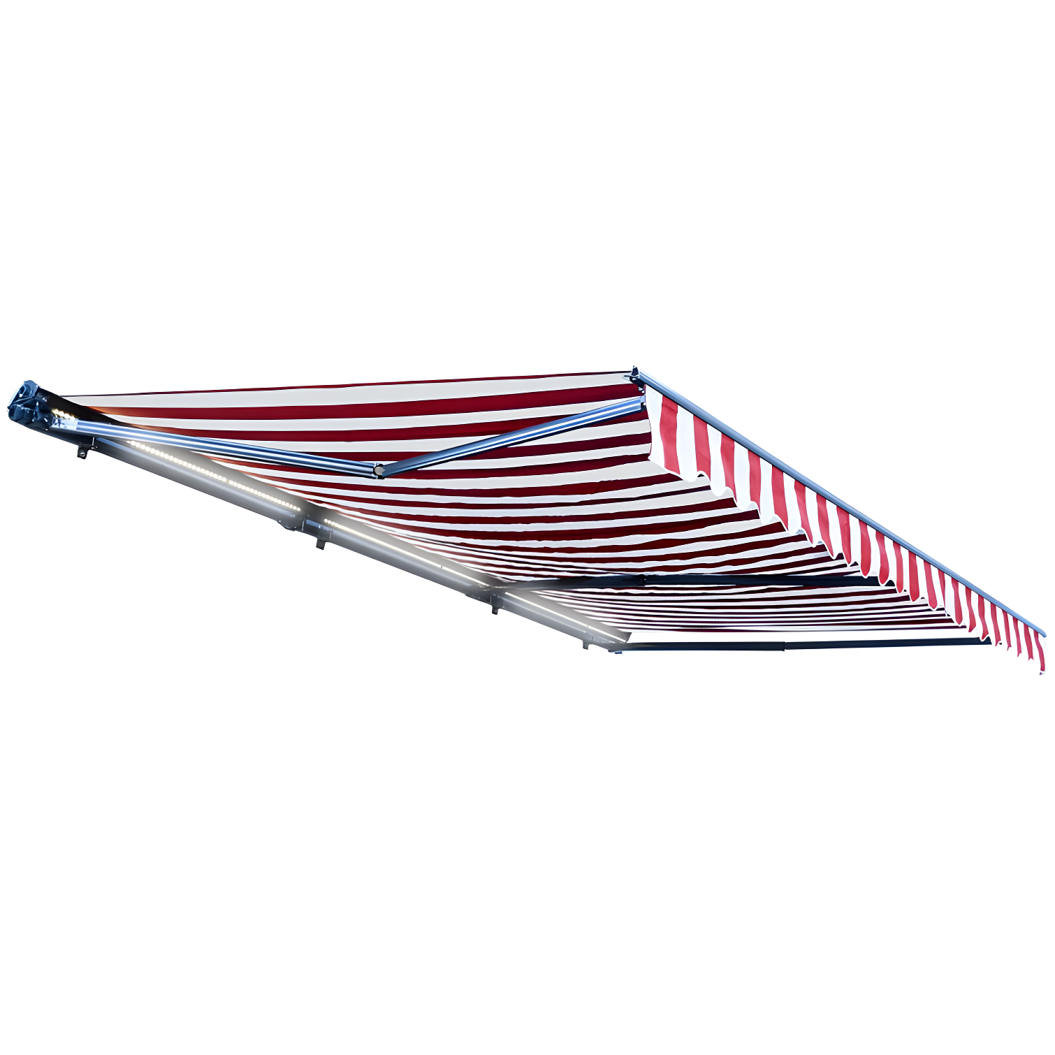 Red and White Striped Motorized Patio Awning with LED Lights