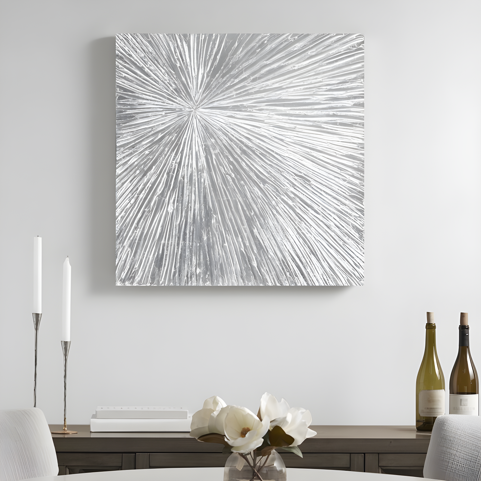 Silver Abstract Sunburst Hand Painted Dimensional Resin Wall Art