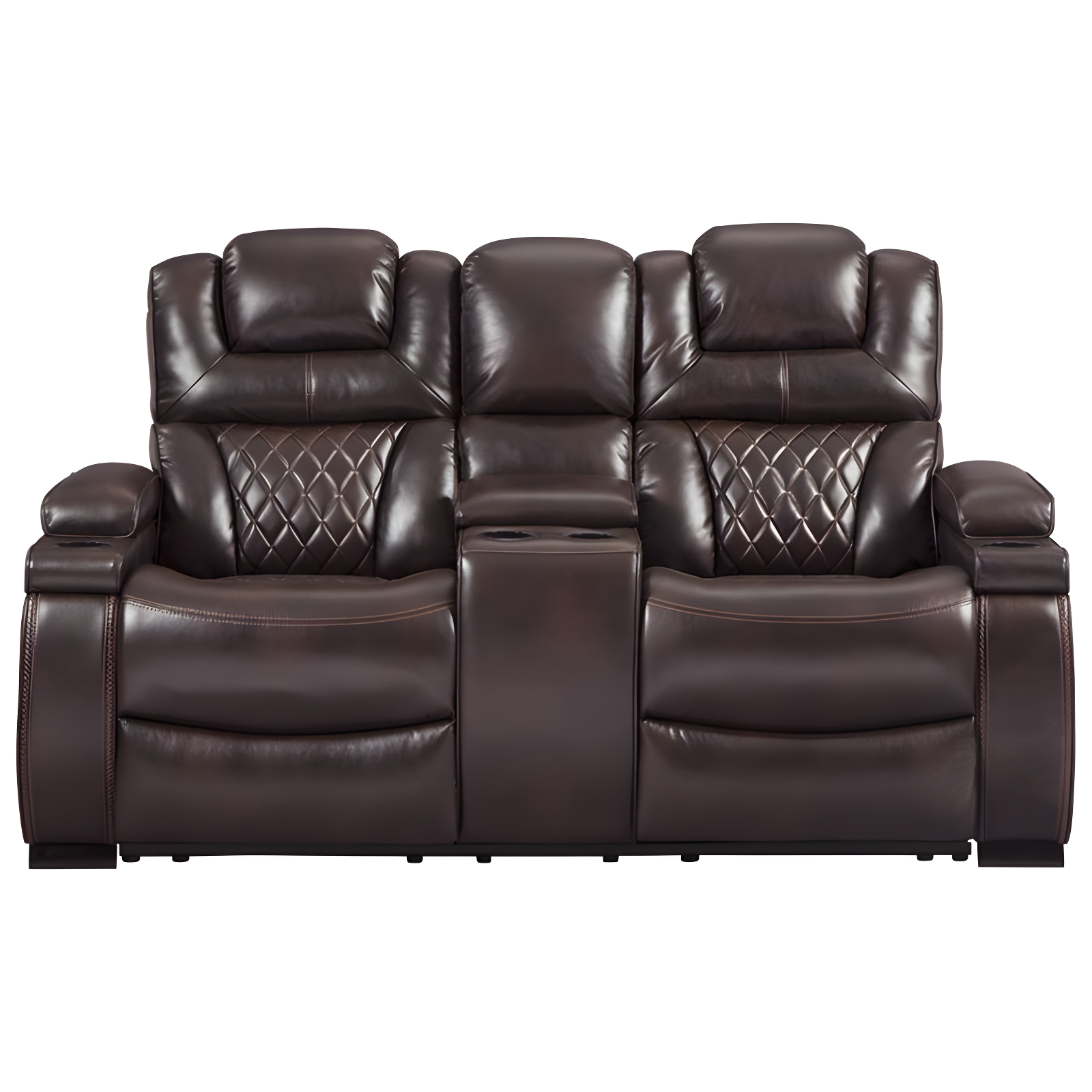 Brown Faux Leather Tufted Reclining Loveseat with Cup Holder