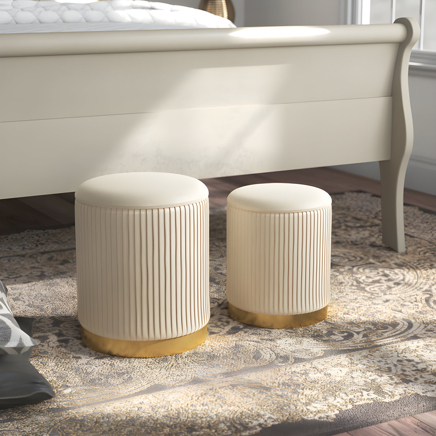 Cream Velvet Round Storage Ottomans with Gold Base, Set of 2