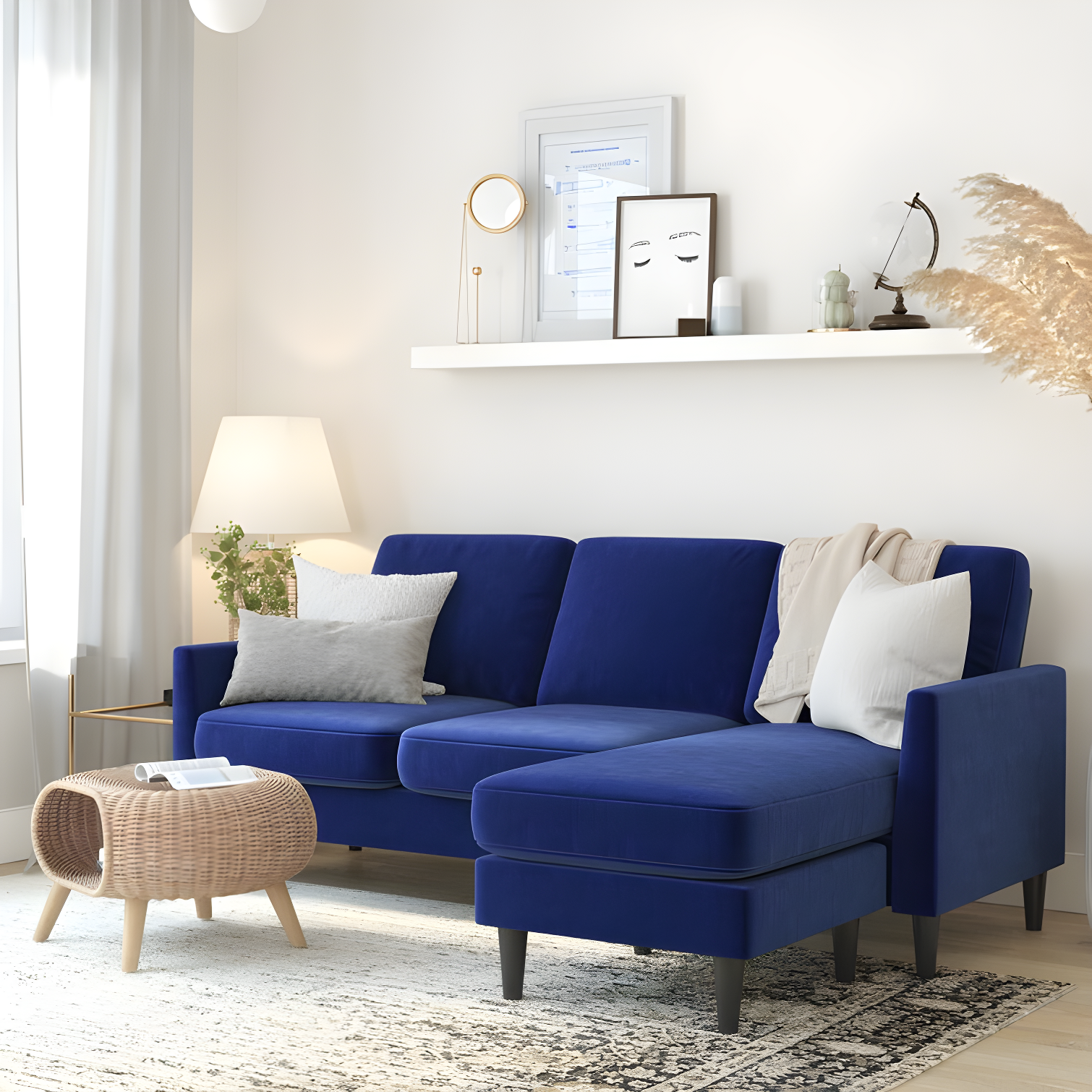 Winston Navy Blue Velvet Sectional Sofa with Ottoman