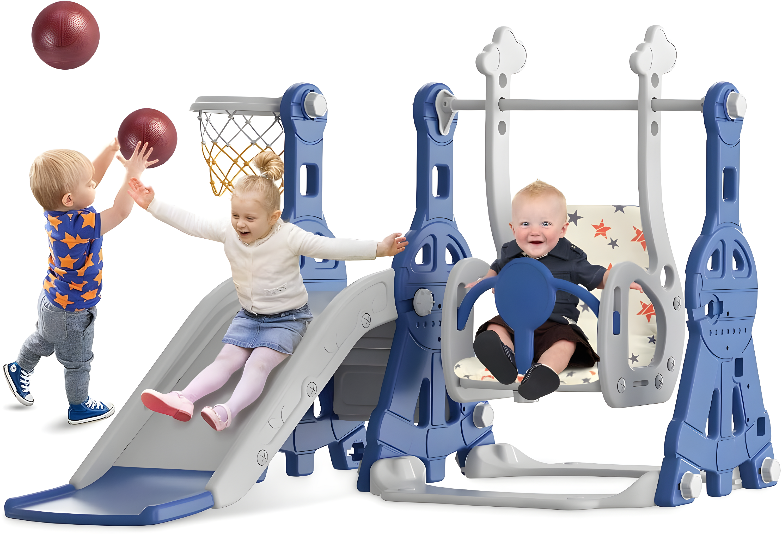 Blue and Gray 4-in-1 Toddler Slide and Swing Set