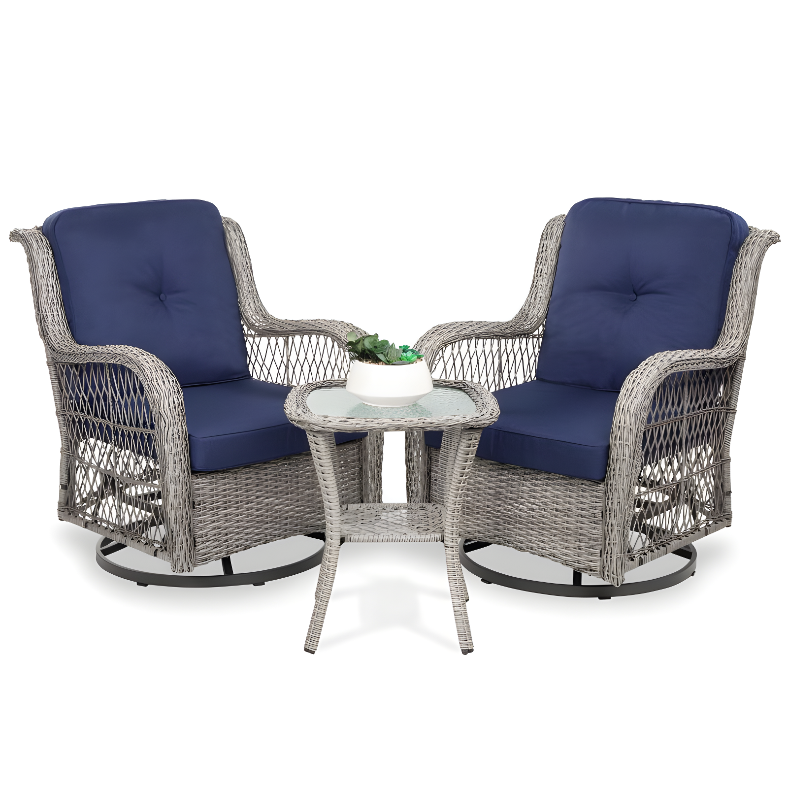 Navy Wicker 3-Piece Patio Bistro Set with Swivel Rocking Chairs