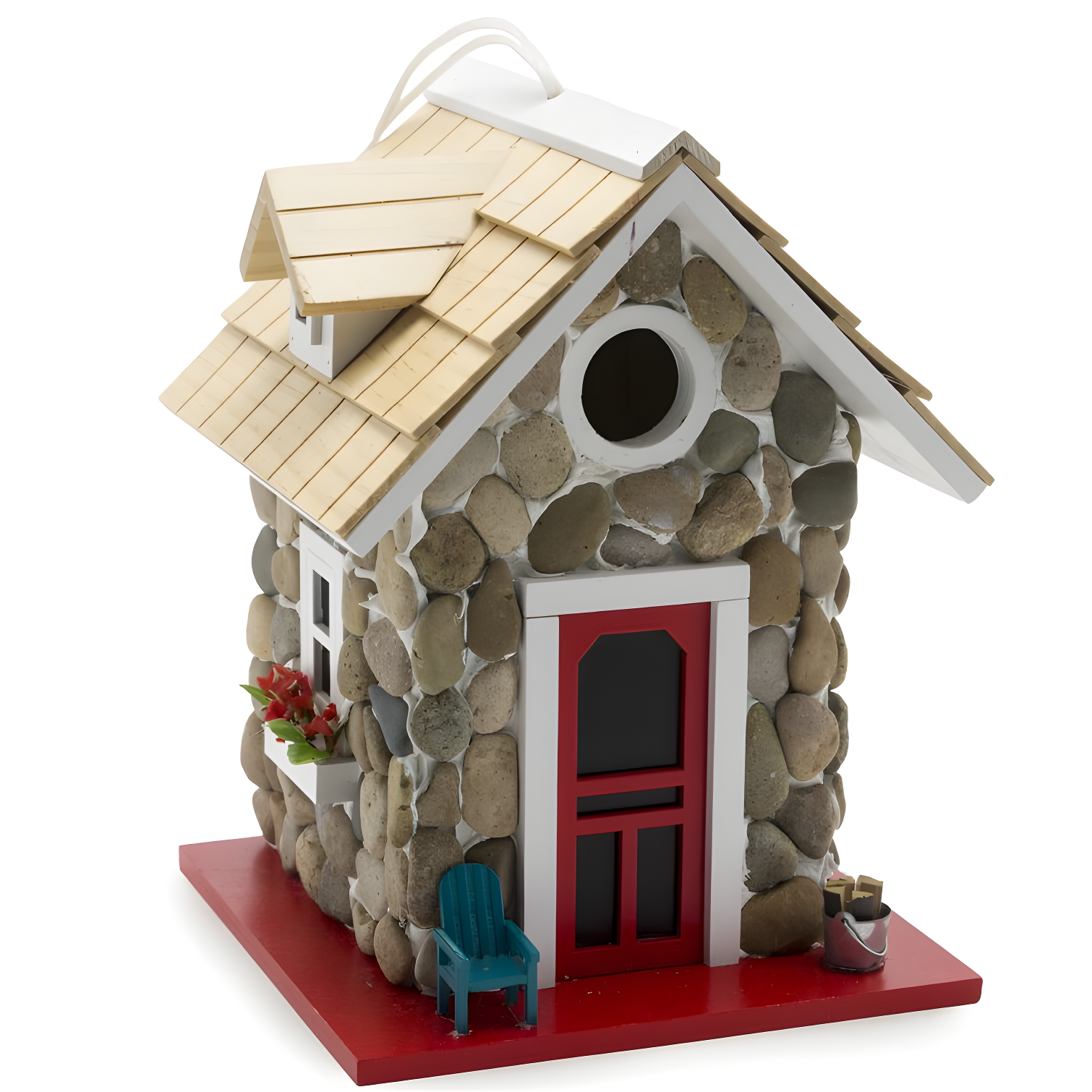 Cedar and Pine Stone Cottage Birdhouse with Red Door