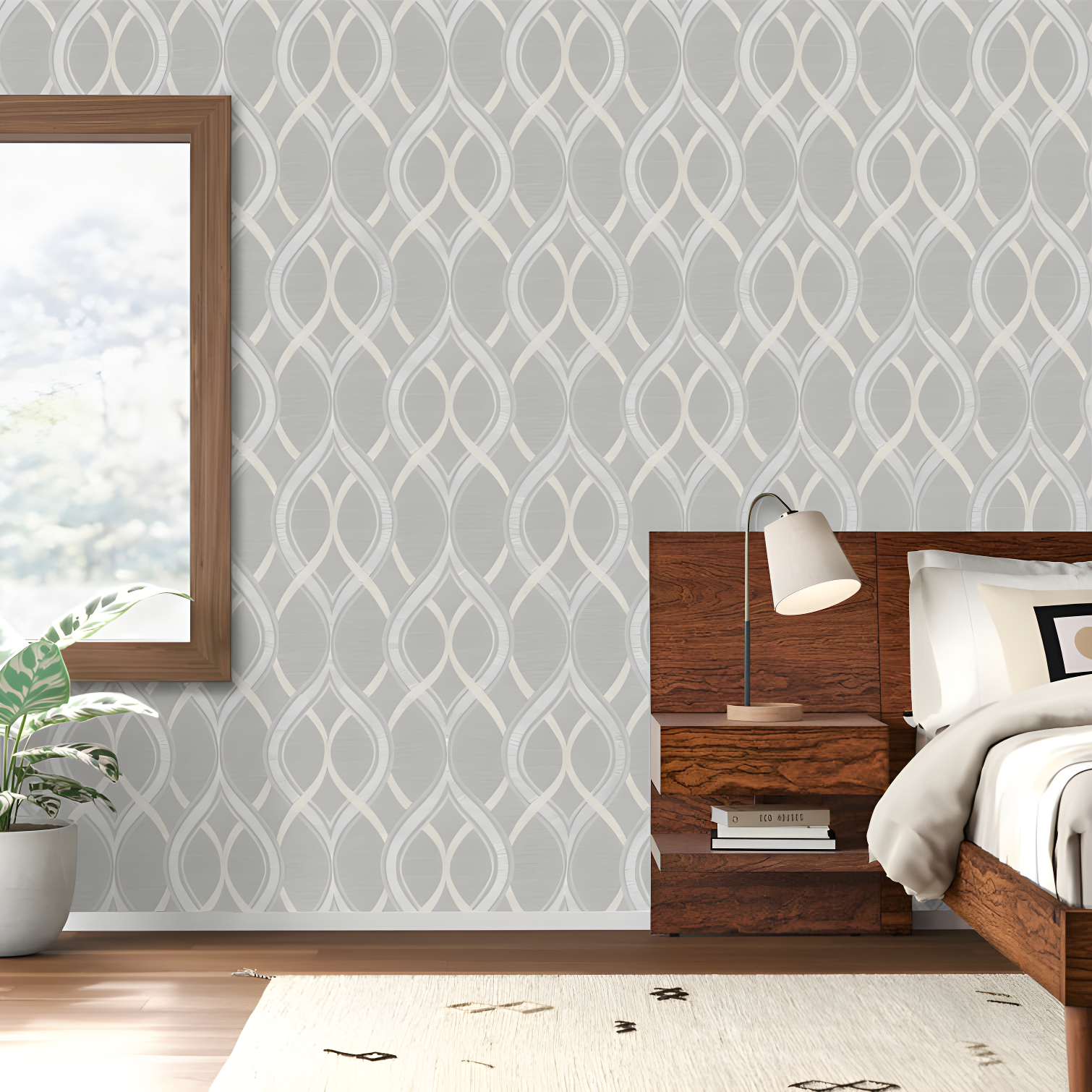 Grey Embossed Geometric Ogee Wallpaper Roll