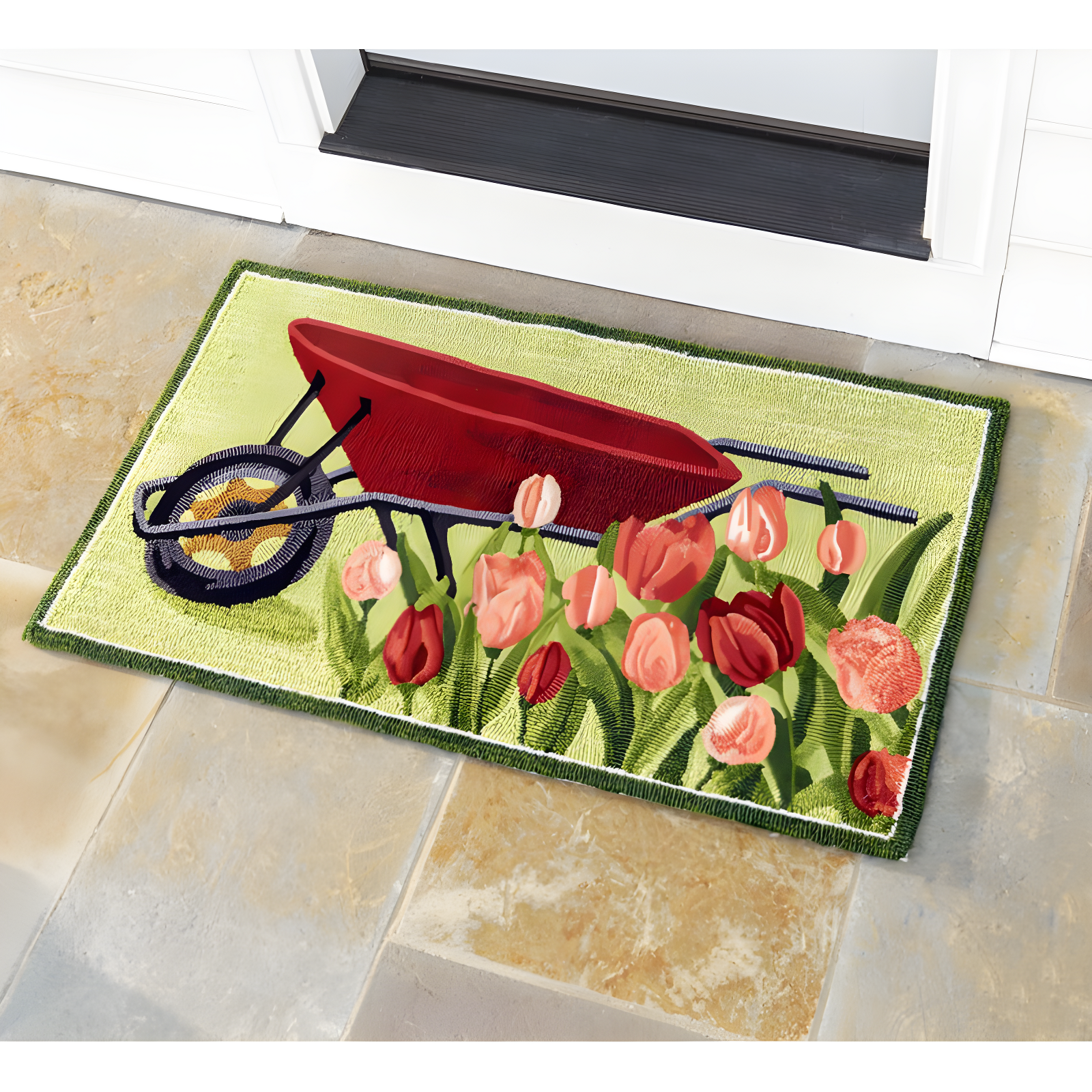 Handmade Red Tulip and Wheelbarrow Rectangular Rug