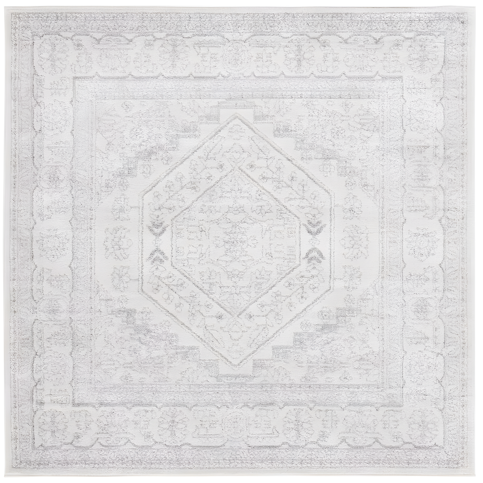 Ivory and Silver Medallion Synthetic Square Area Rug