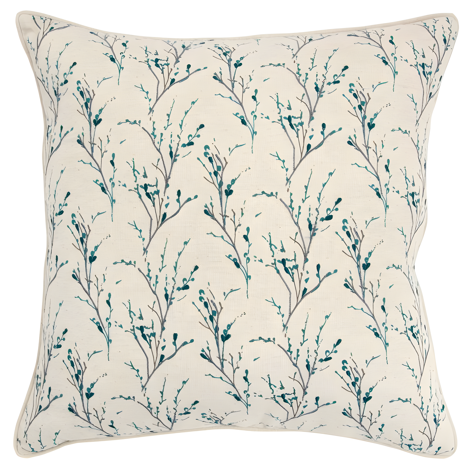 17" Square Gray and Teal Embroidered Botanical Pillow