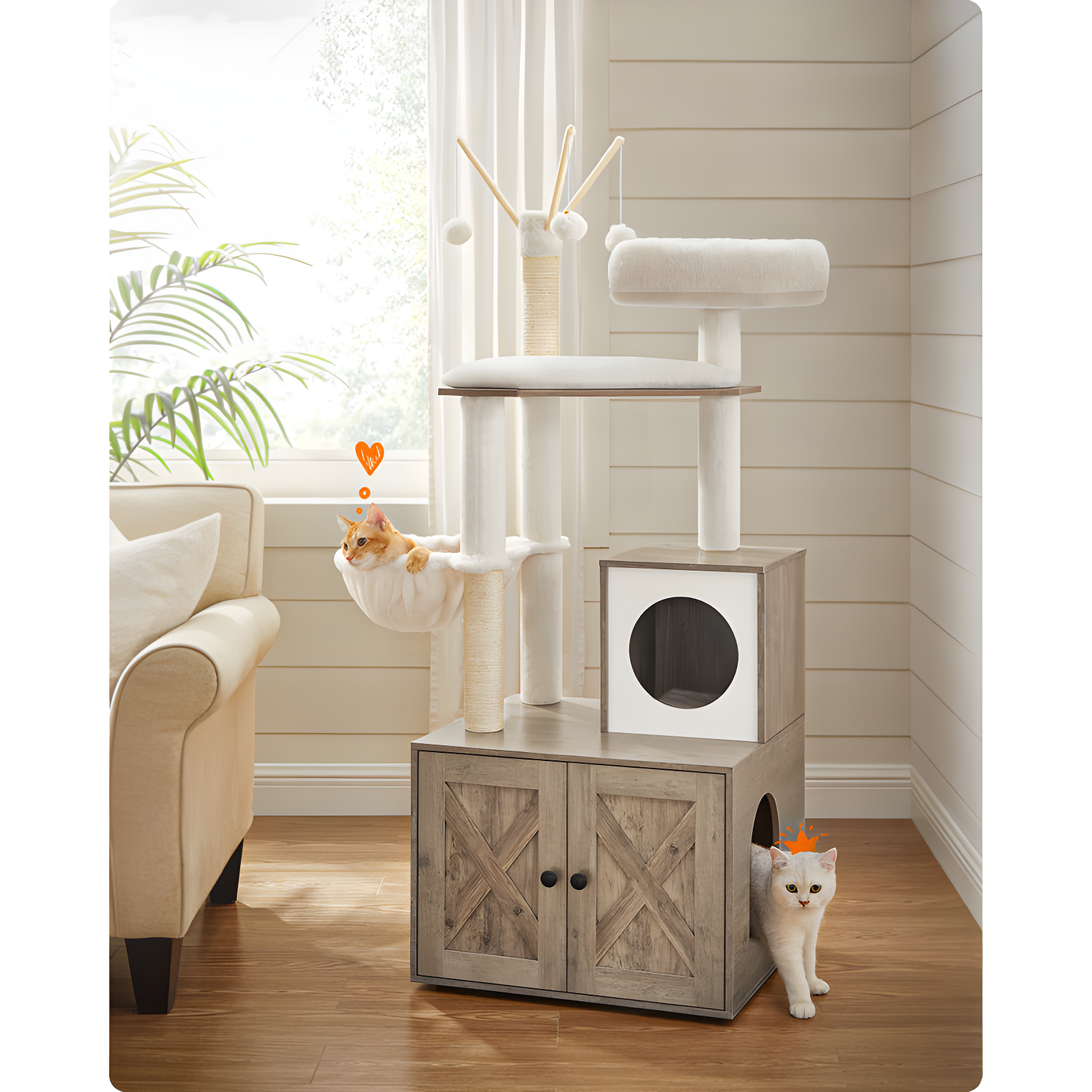 Greige 55.1" Cat Tree with Sisal Scratching Posts and Litter Box Enclosure