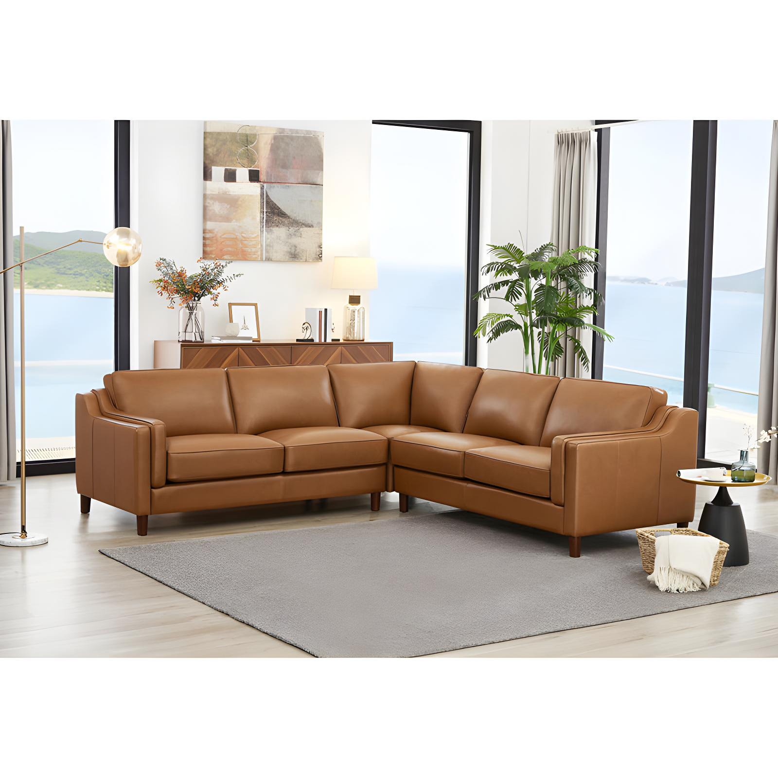 Cognac Brown Leather Symmetrical Sectional Sofa with Removable Cushions