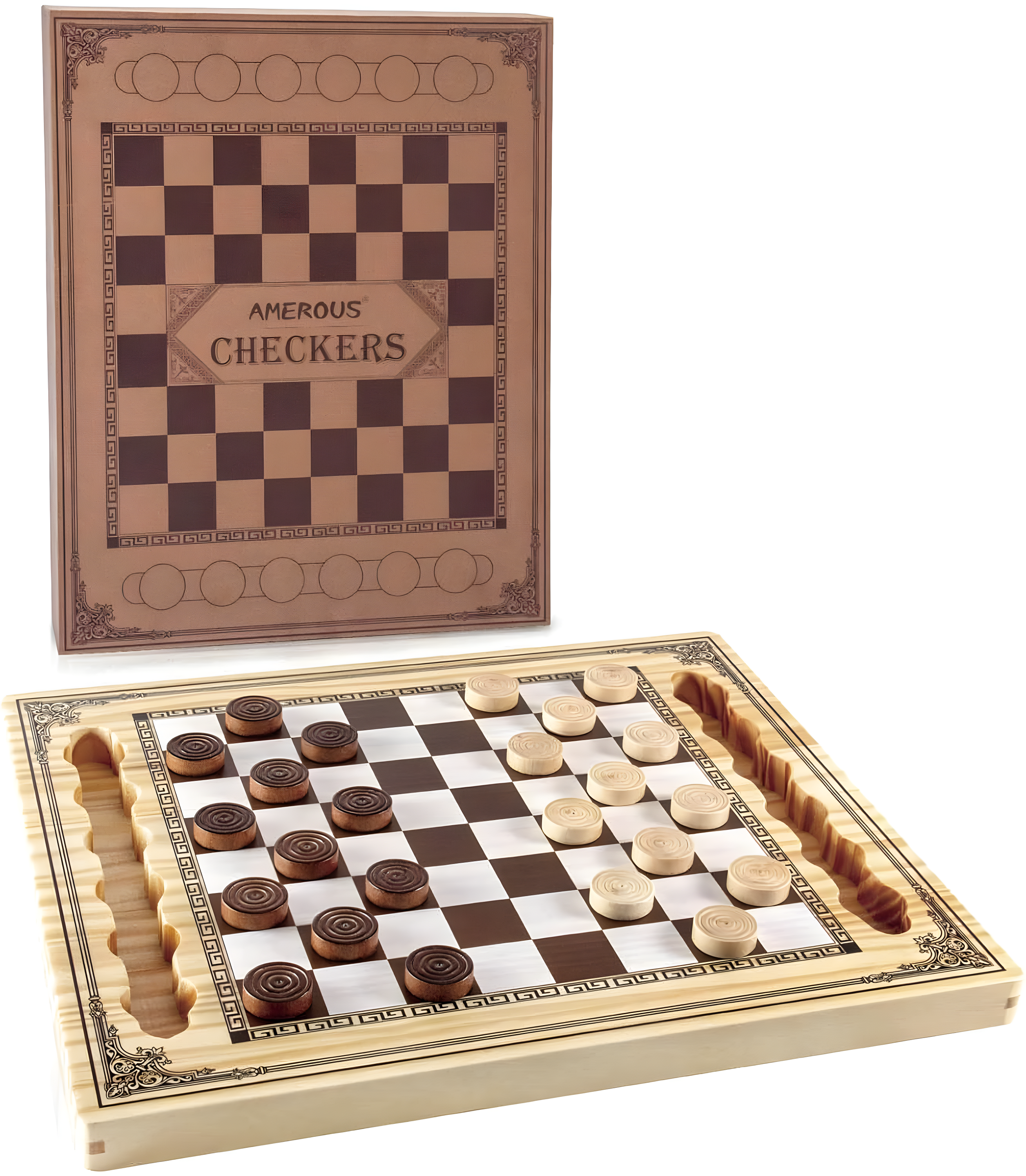 Classic Wooden Checkers Set with Storage Grooves