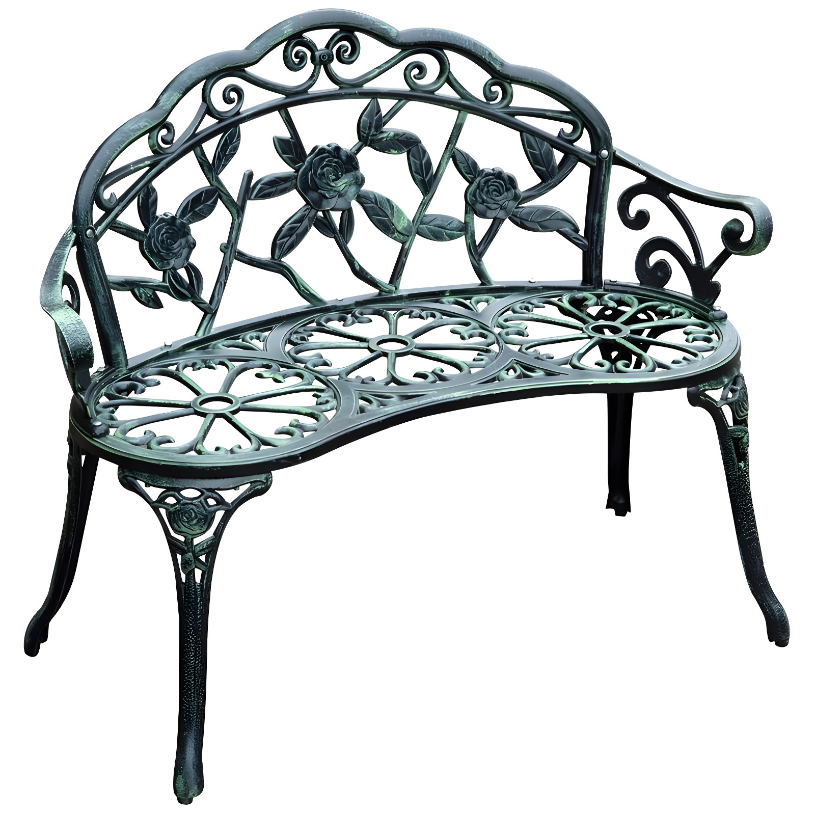 Antique Green Cast Aluminum Outdoor Bench with Floral Design