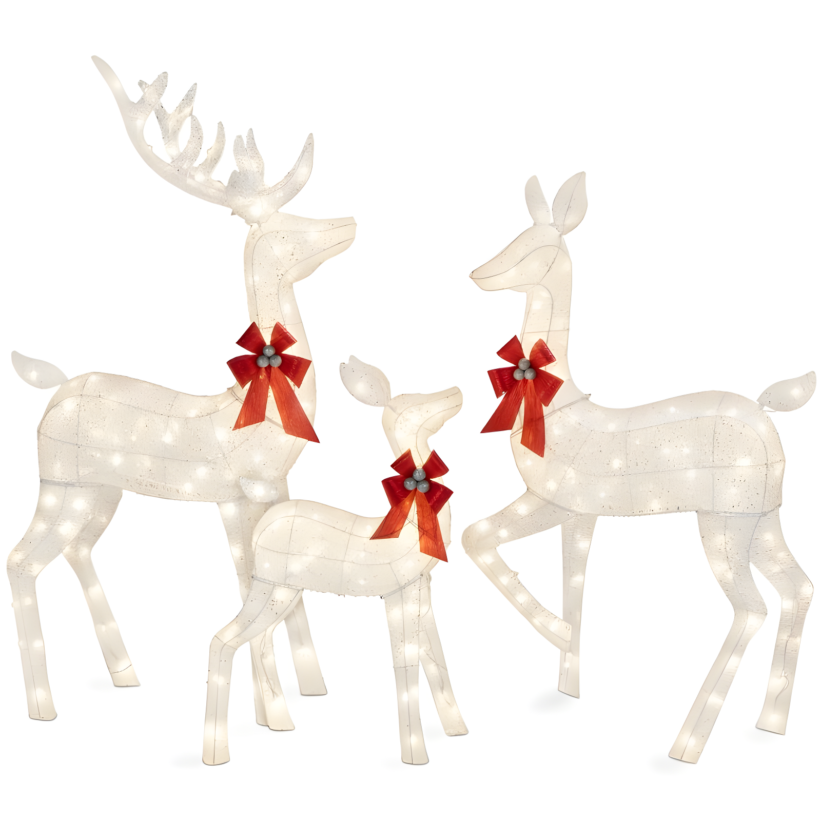 White Lighted Christmas Deer Family Set with Red Bows