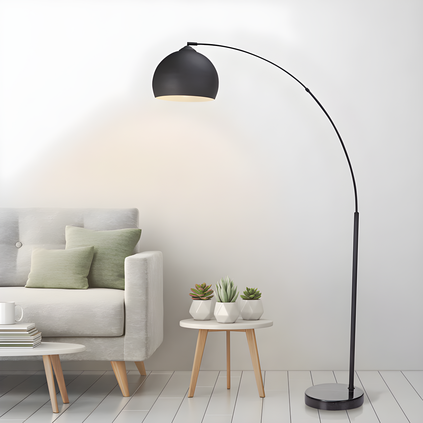 Elegant Arc Black Outdoor Floor Lamp with Faux Marble Base