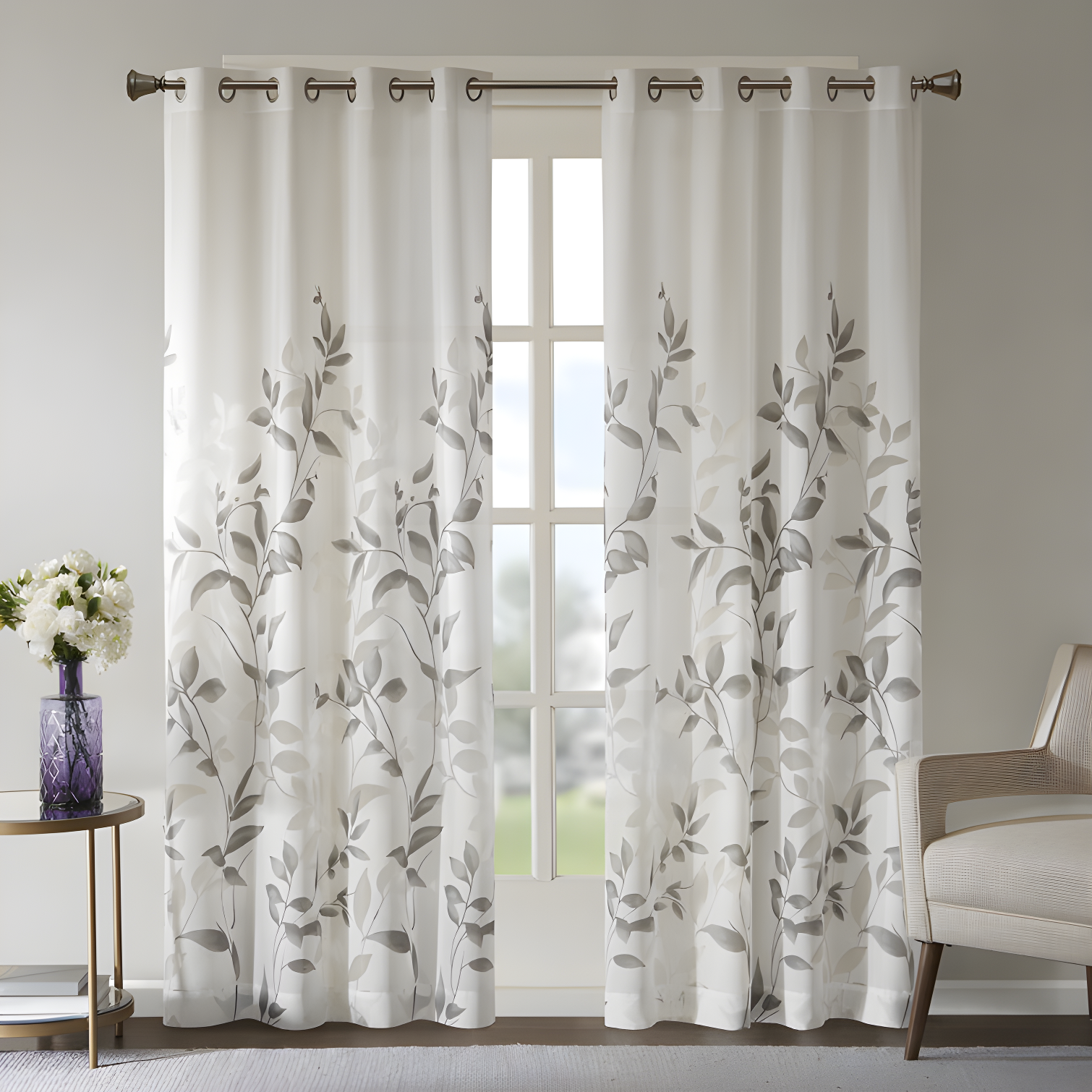 Gray Sheer Botanical Grommet Top Twin Curtains