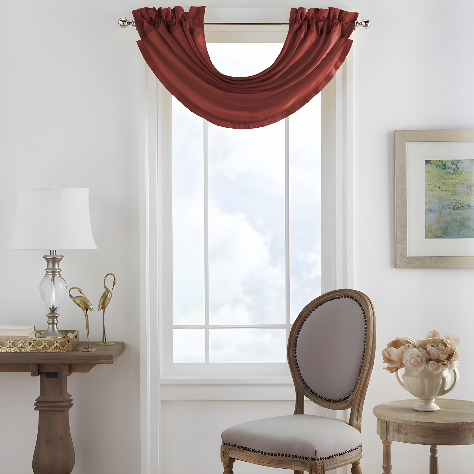 Red Faux Silk Waterfall Window Valance 52" x 36"