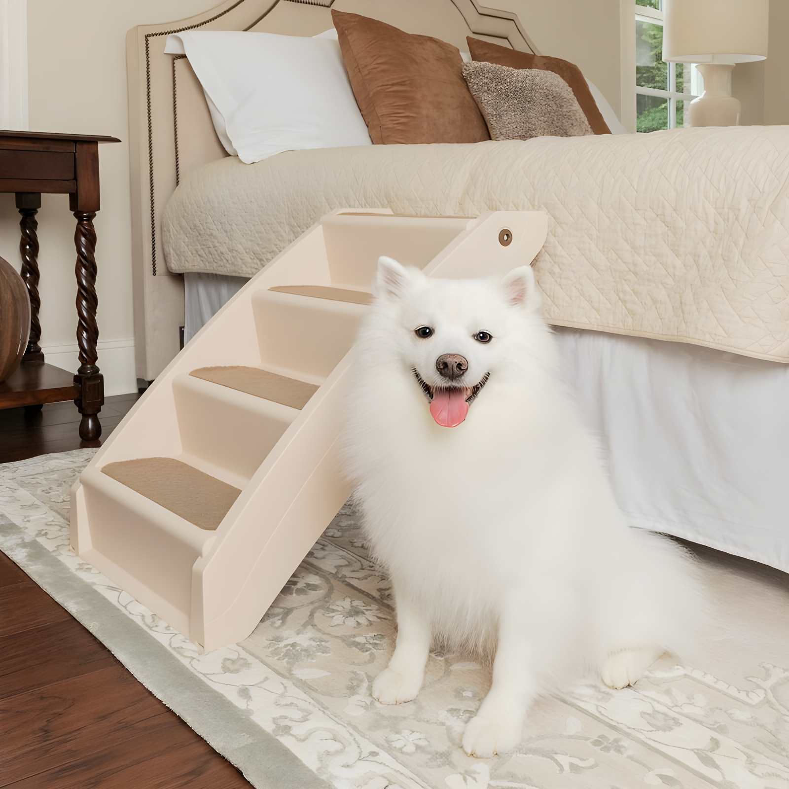 Tan Folding Pet Steps with Non-Slip Pads for Beds and Couches