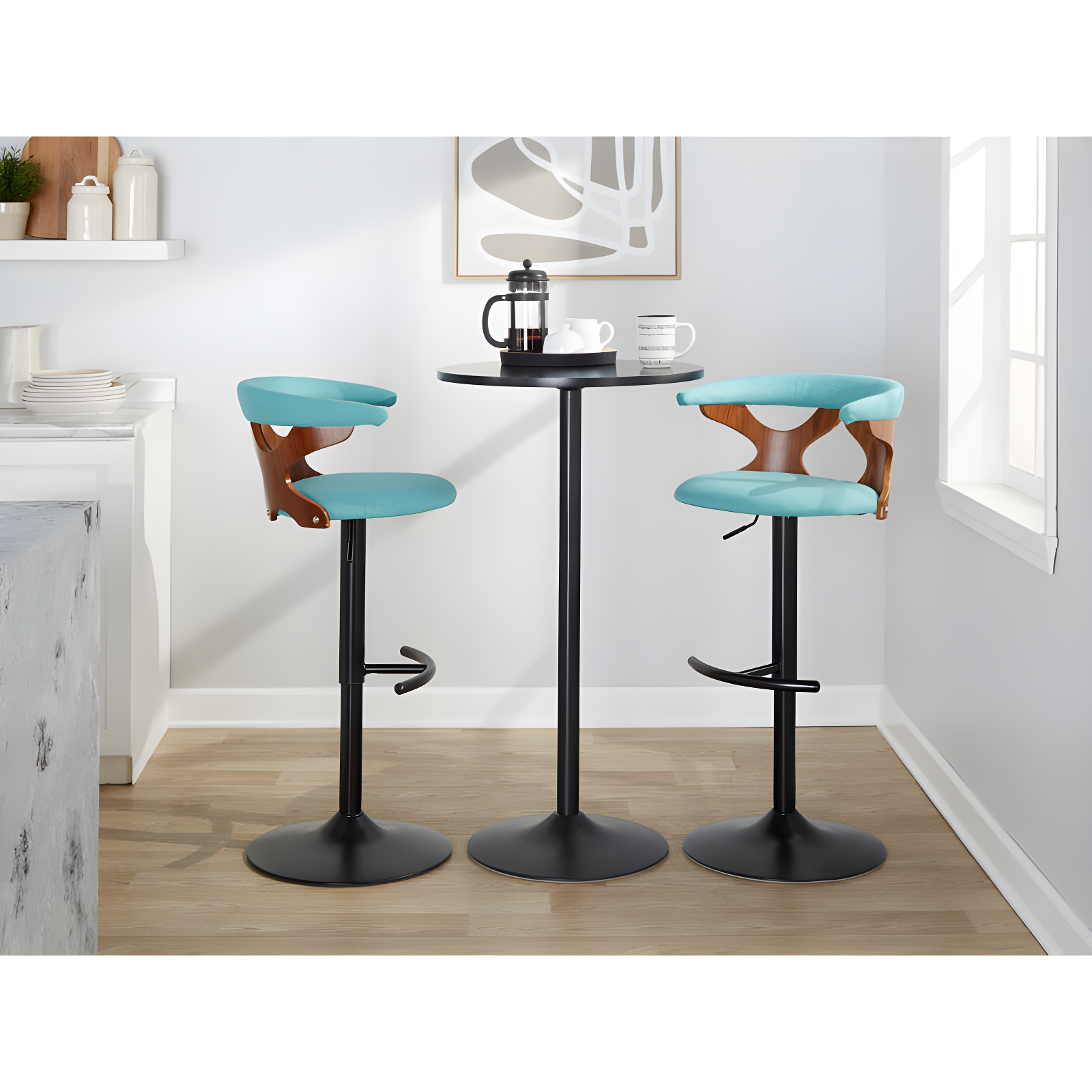 Light Blue Adjustable Swivel Barstool with Wood and Metal Frame