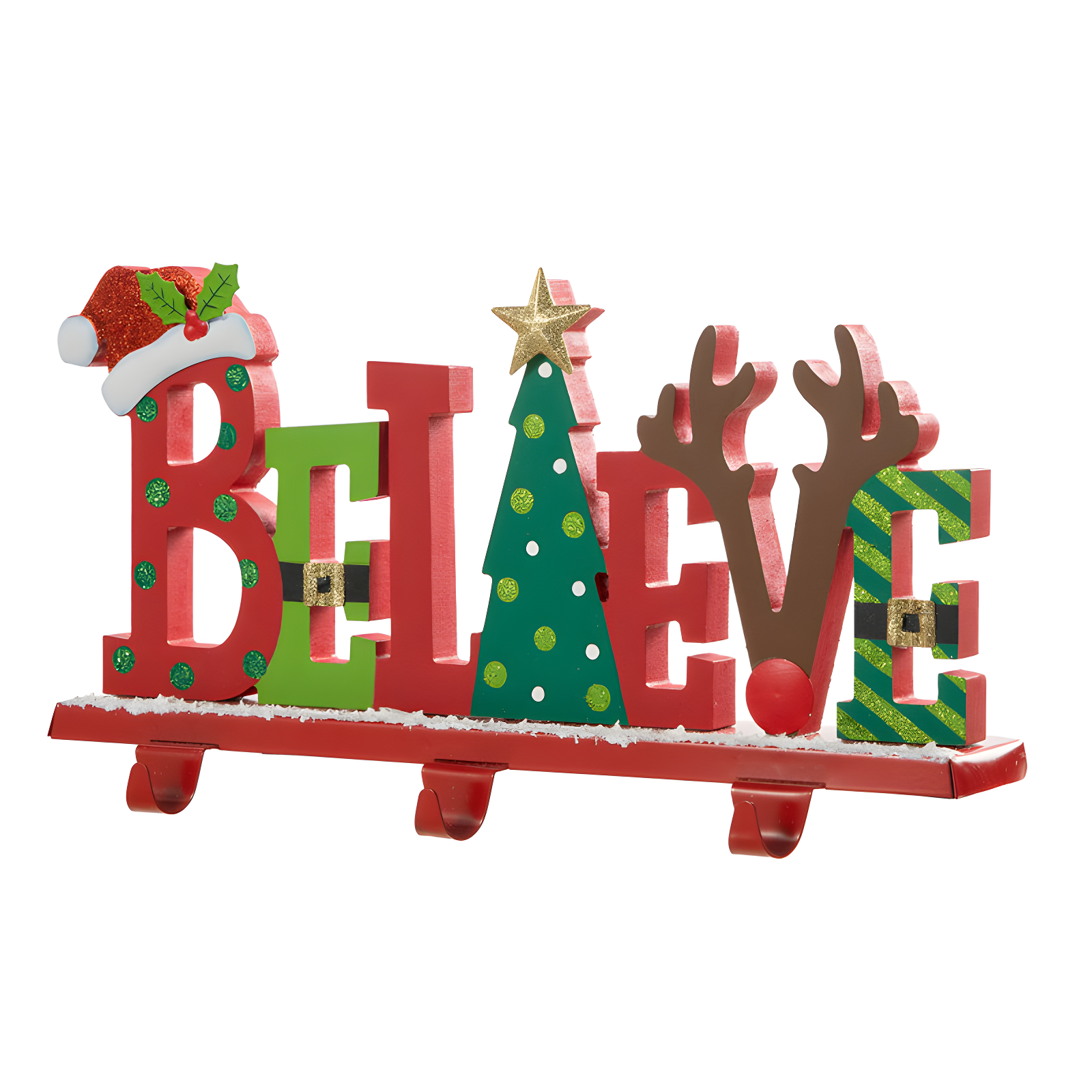 Believe Christmas Stocking Holder Set with Multicolor Letters