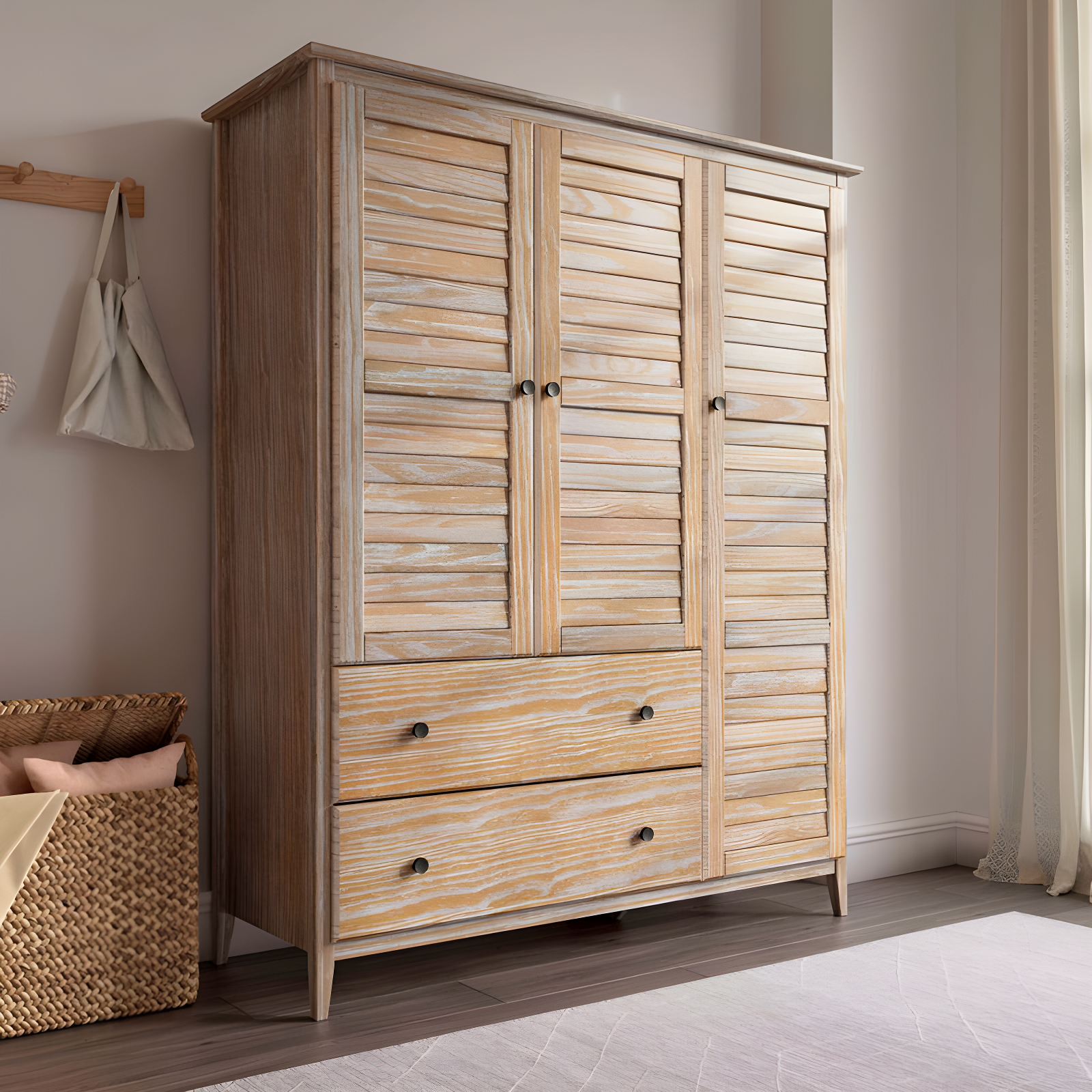 Brushed Driftwood Coastal Solid Pine Wood 3-Door Wardrobe