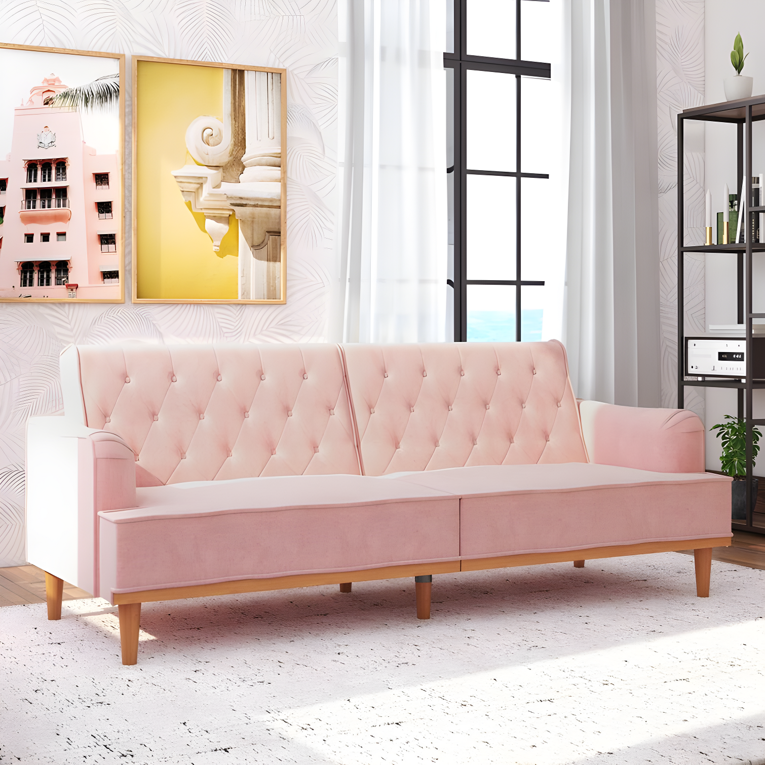 Stella Vintage Pink Velvet Convertible Sofa Bed with Wood Trim