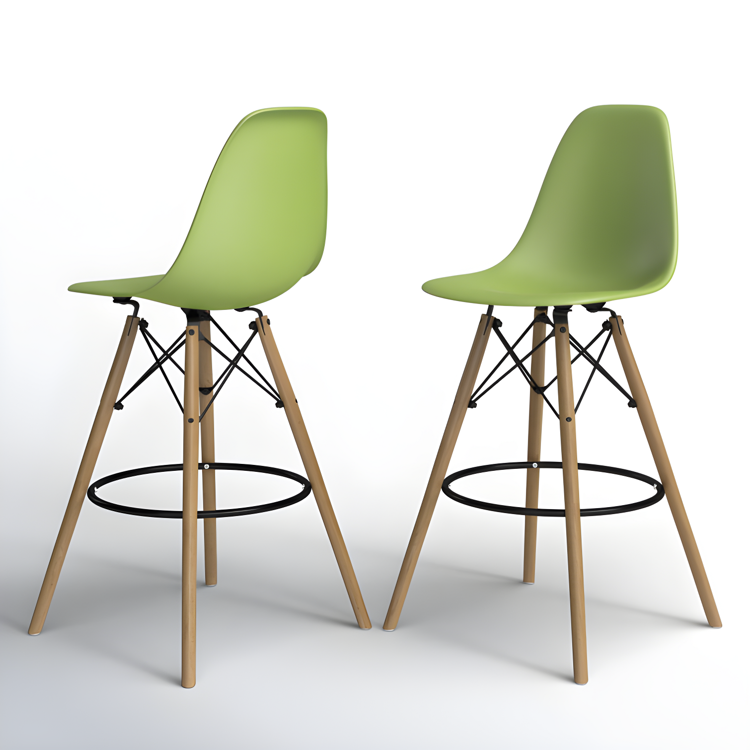 Parisian Modern Classic Green Counter Stools with Natural Wood Legs, Set of 2
