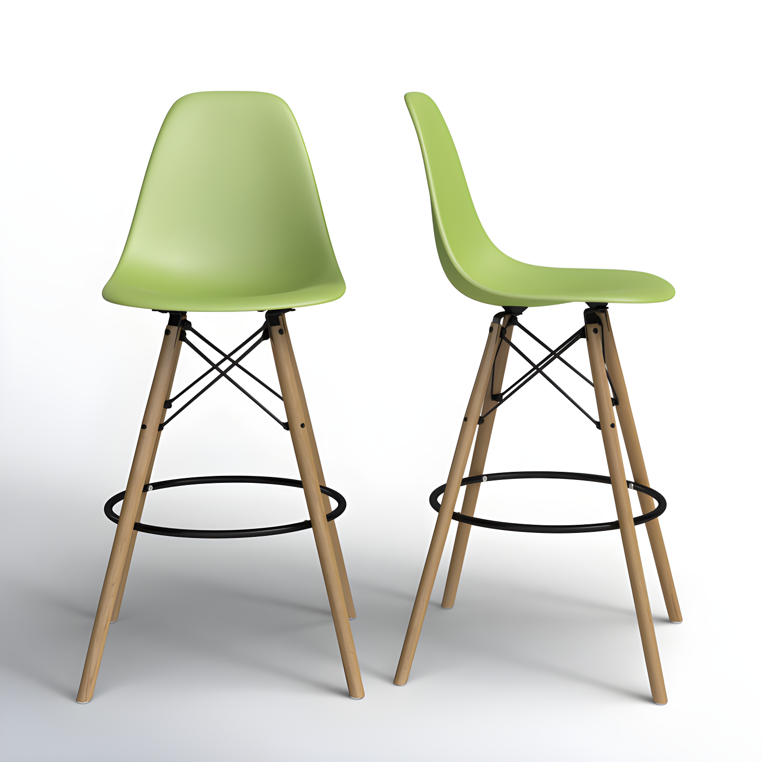 Parisian Modern Classic Green Counter Stools with Natural Wood Legs, Set of 2