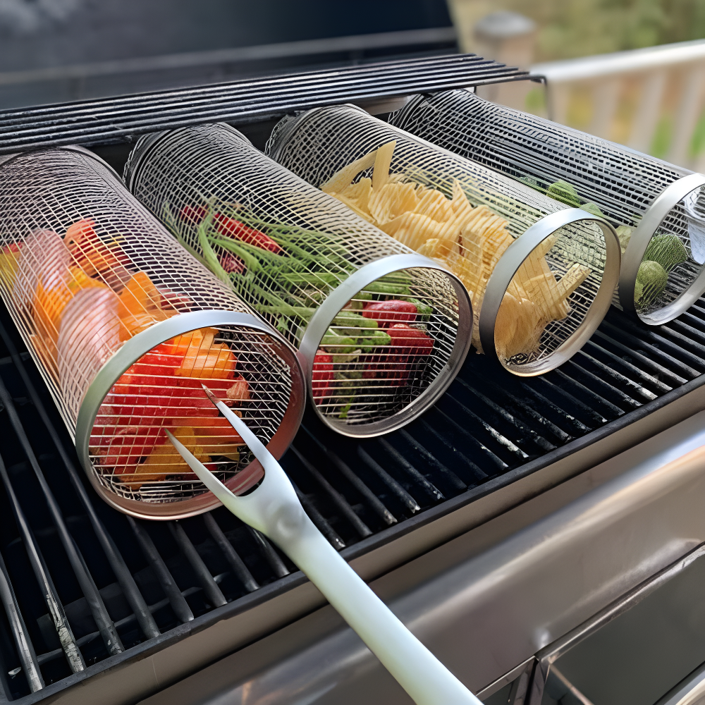 Large Stainless Steel Rolling Grill Basket Set for Outdoor BBQ