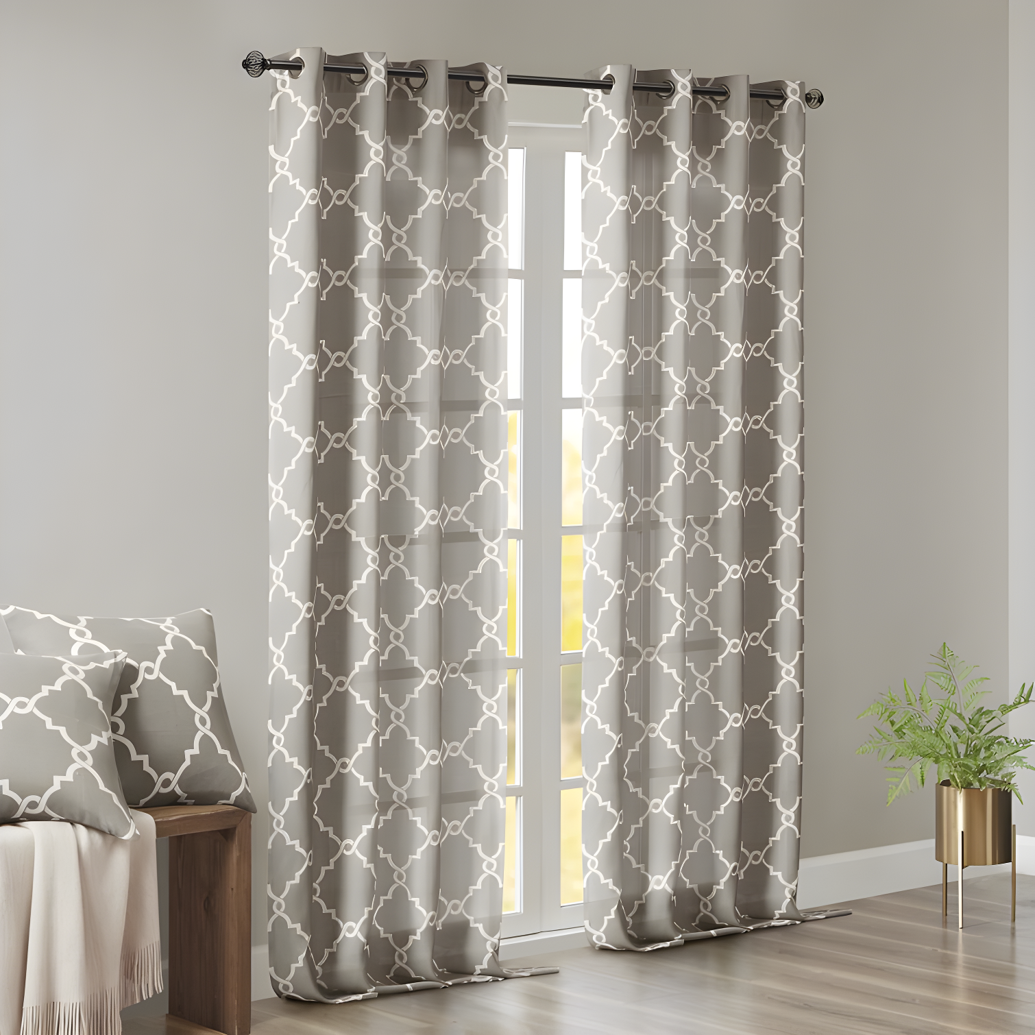 Gray and White Light Filtering Grommet Top Curtain Panel