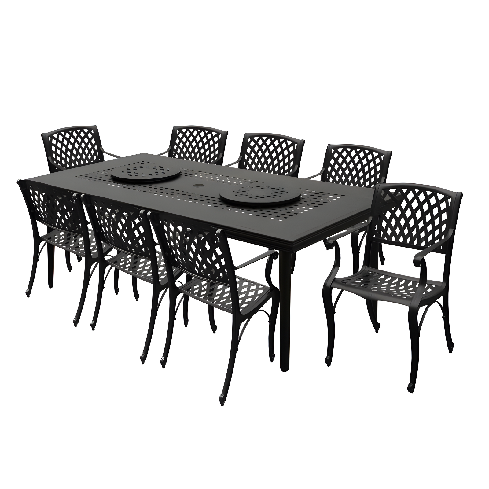 84" Black Aluminum Mesh Outdoor Dining Set with Lazy Susans