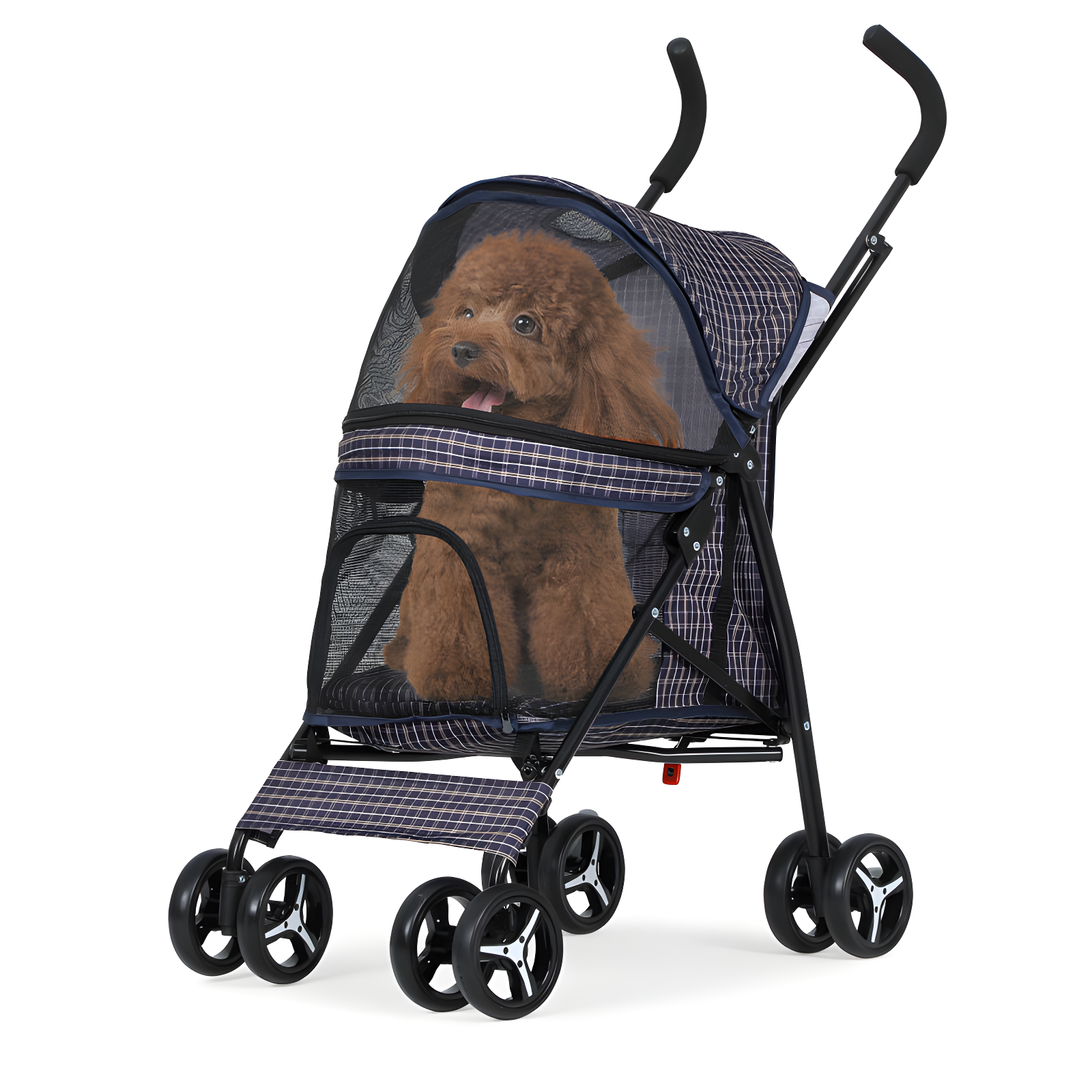 Plaid Steel Frame Foldable Pet Stroller with Rubber Wheels