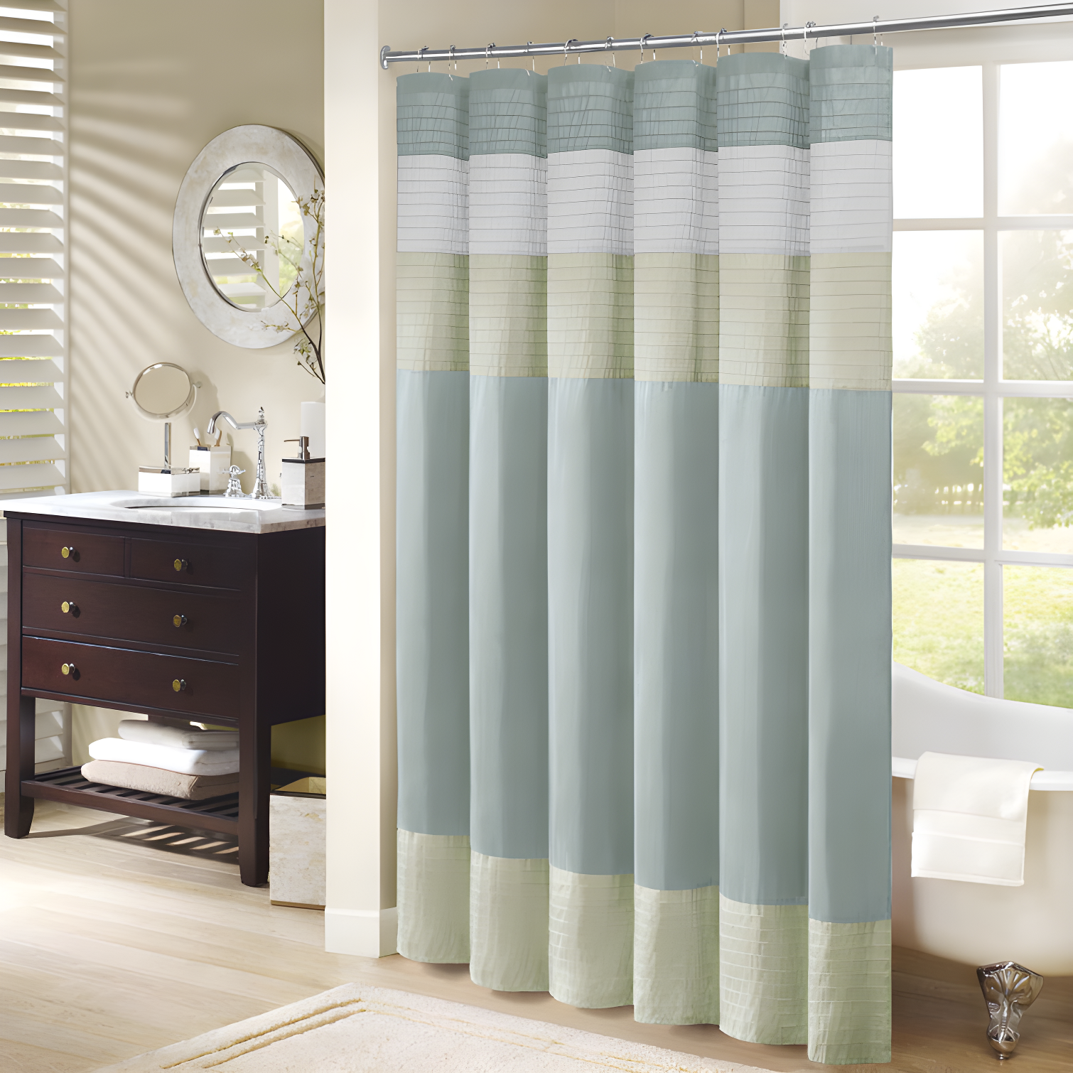 Sage Green and Off-White Faux Silk Shower Curtain