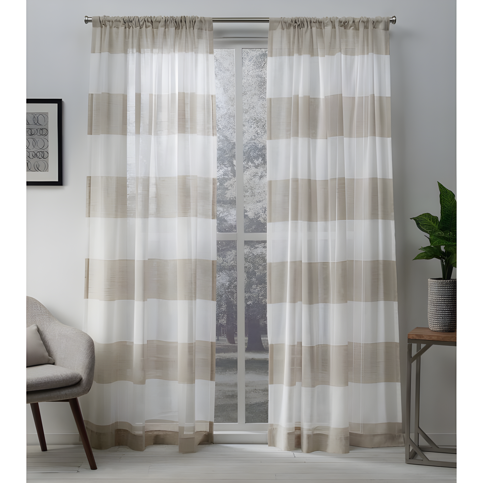 Darma Nude Sheer Linen Stripe Rod Pocket Curtain Panels, 50x96, Set of 2