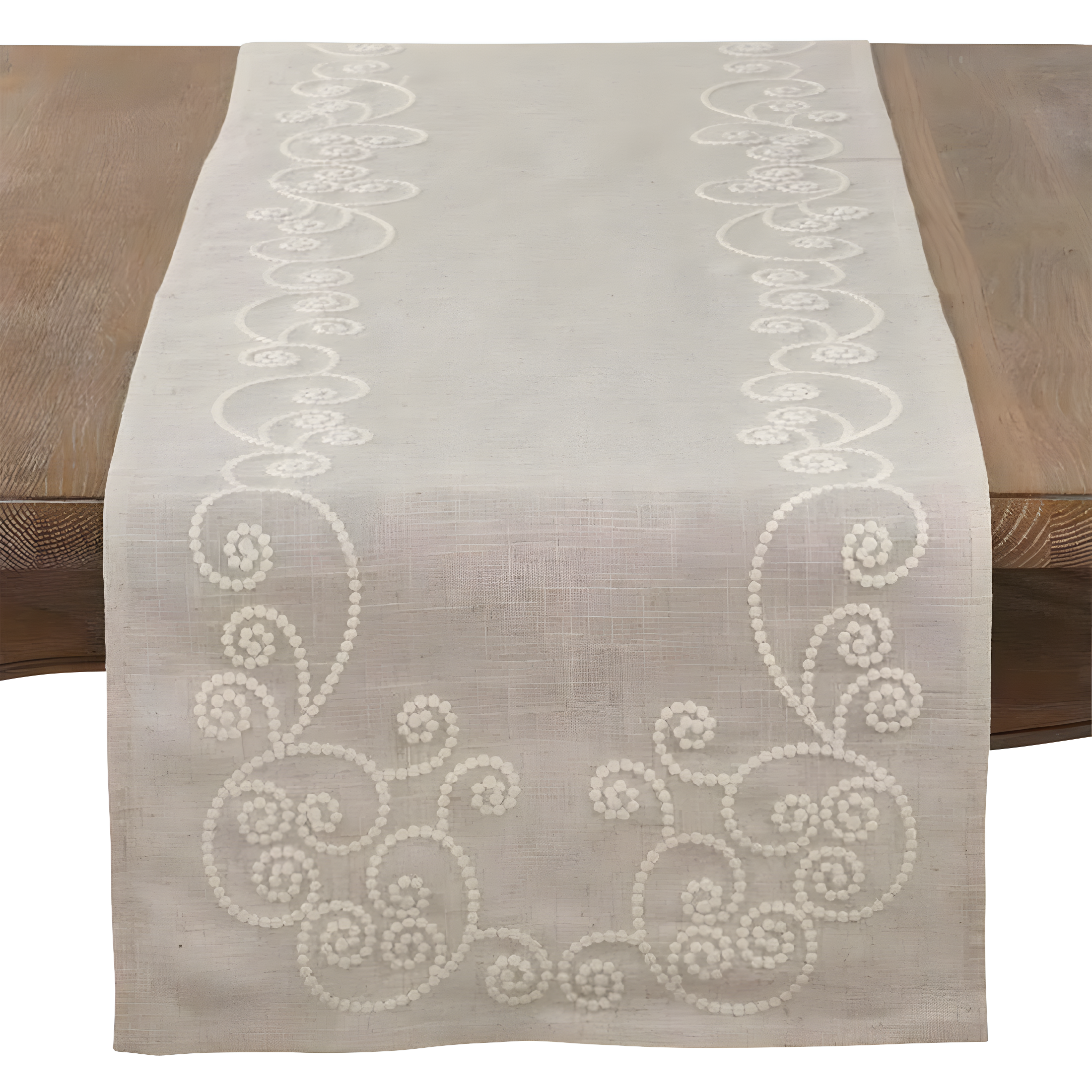 Natural Linen Blend Embroidered Swirl Table Runner 16"x108"