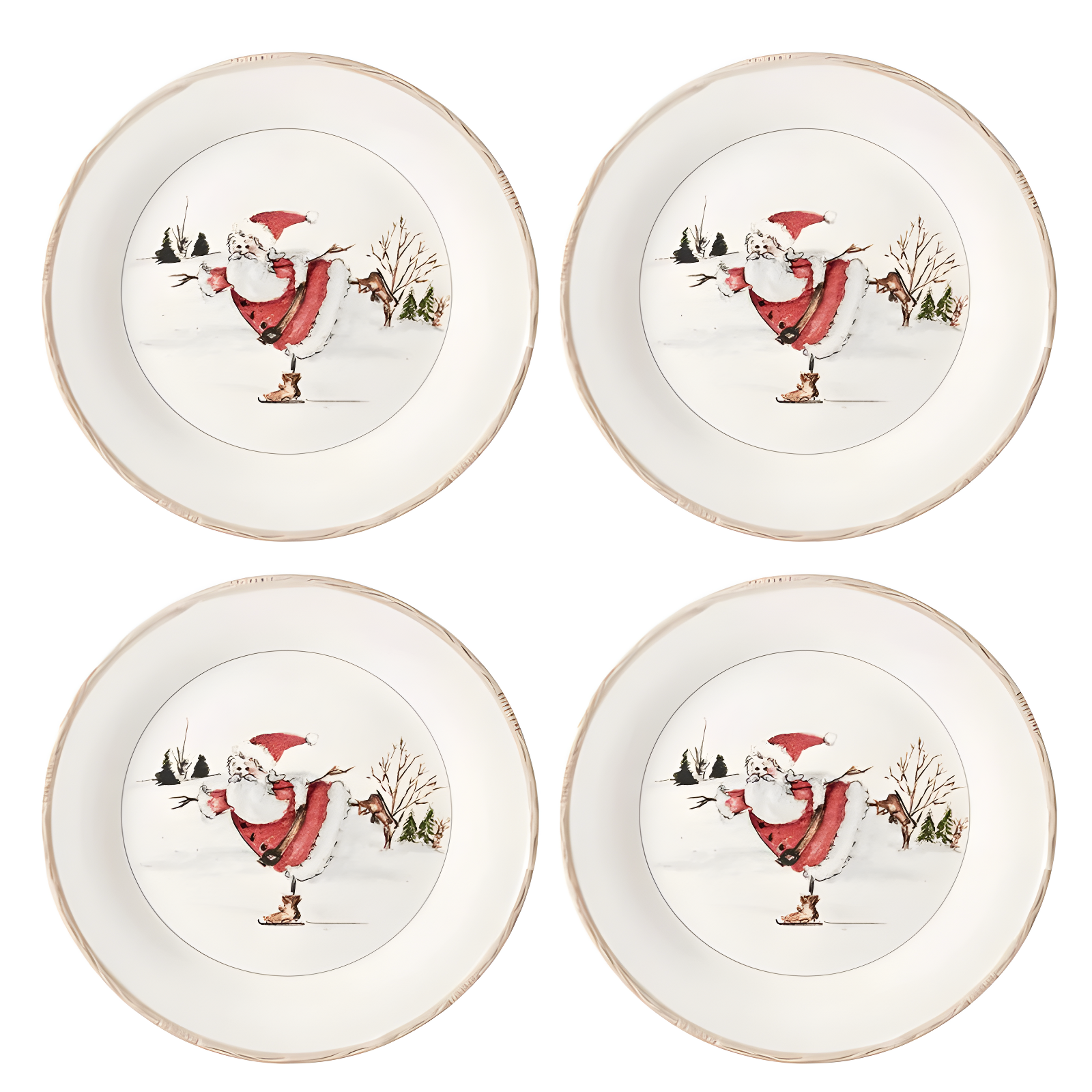 Holiday Santa Skating Ceramic Dinner Plates, Set of 4, 11-Inch