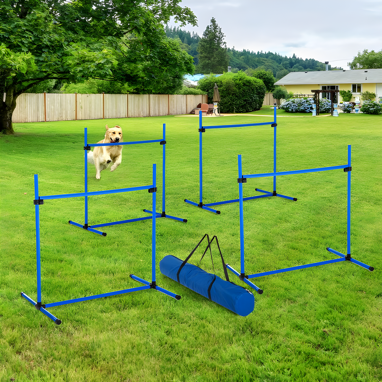 Blue Adjustable Dog Agility Training Jump Bar Set with Carry Bag