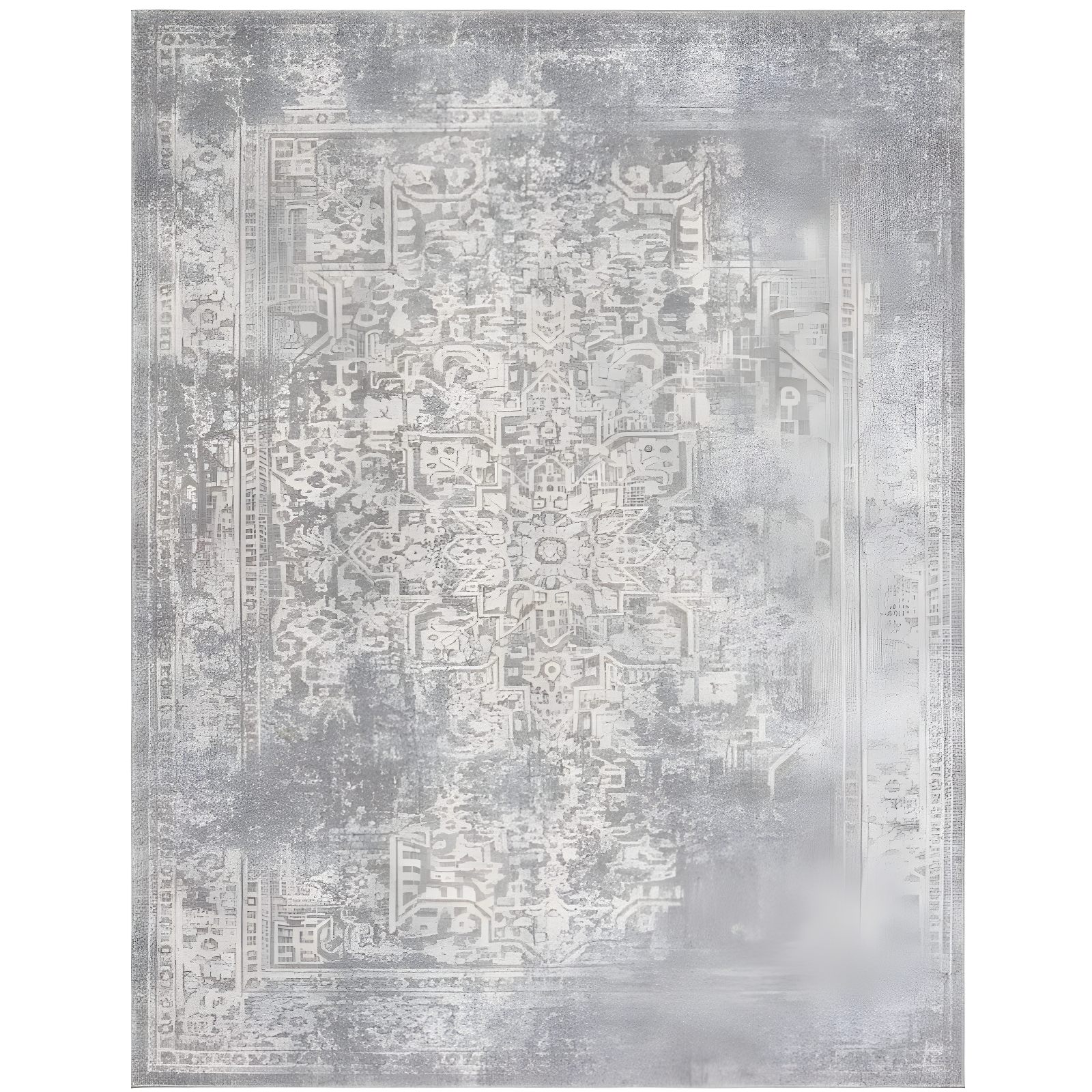 Silver and Ivory Floral Motif Low Pile Area Rug