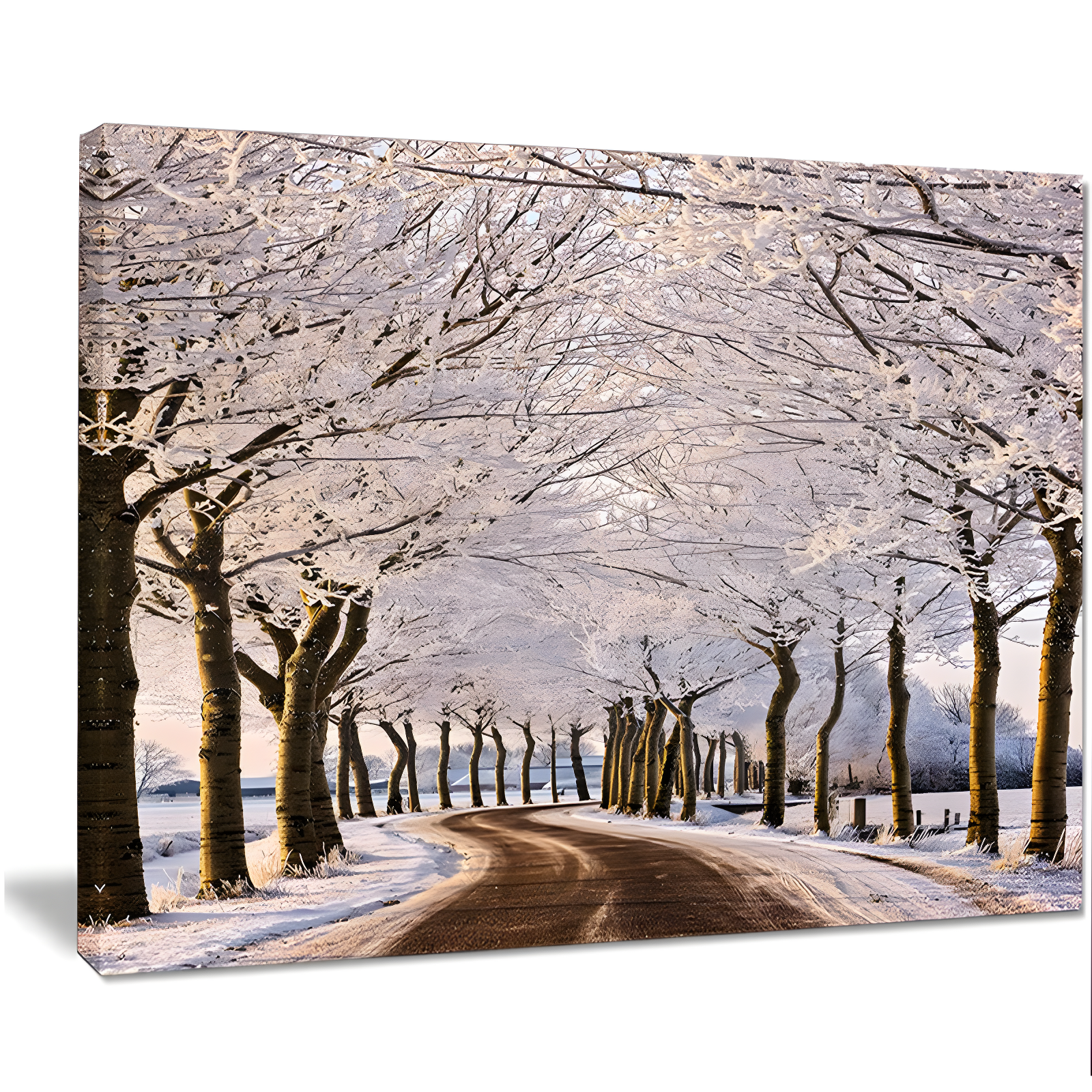 Winter Road Landscape Canvas Print in White and Brown