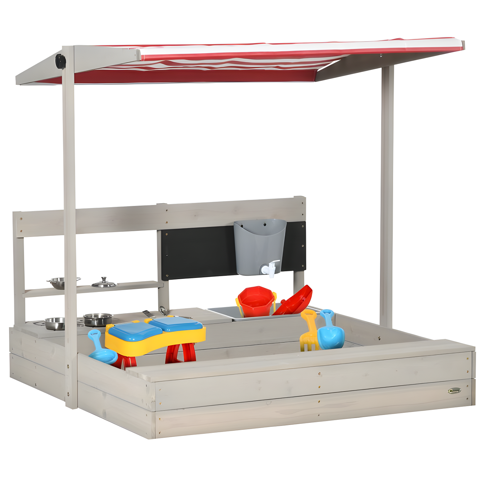 Adjustable Wooden Sandbox with Canopy and Kitchen Playset