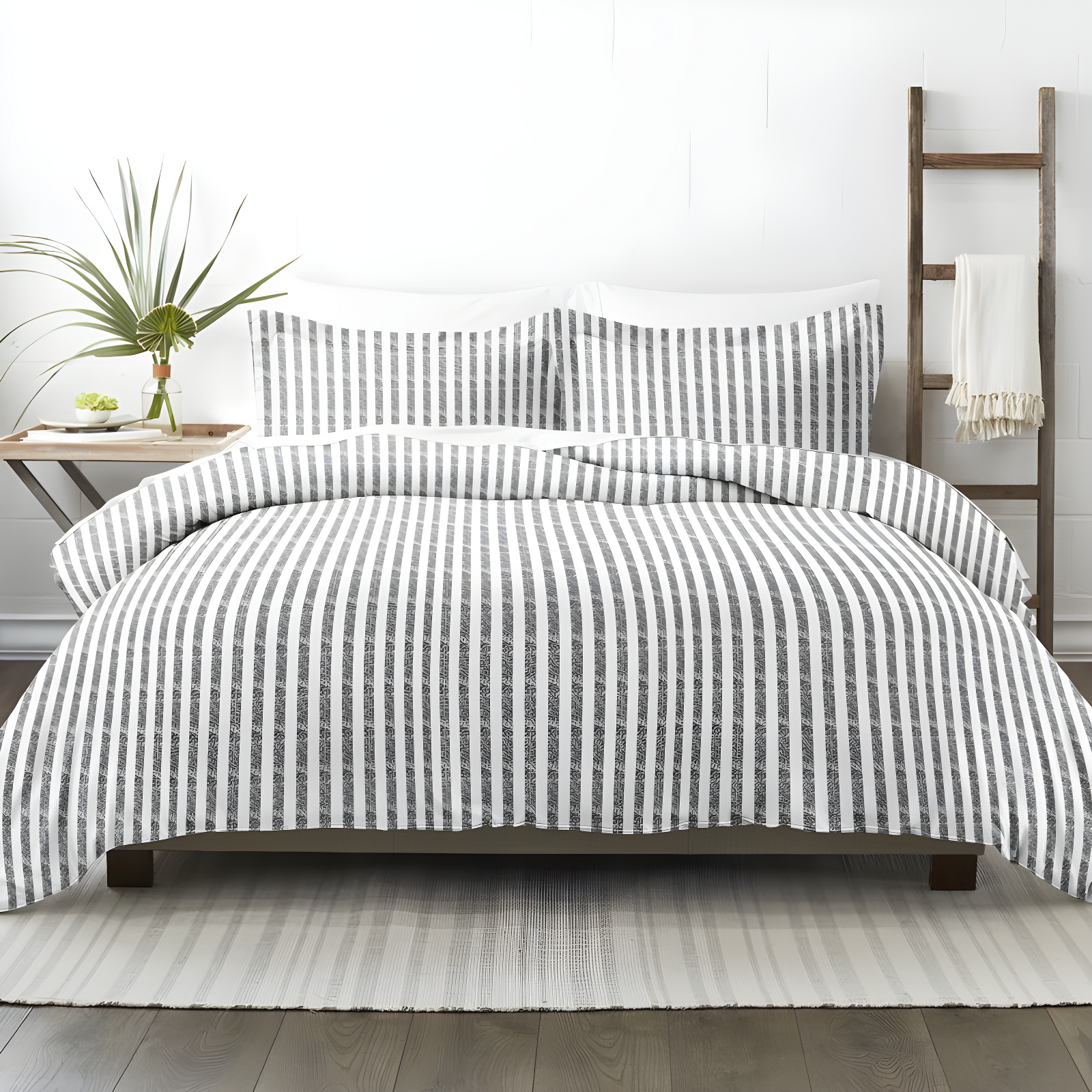 Gray Striped King Microfiber 3-Piece Duvet Cover Set