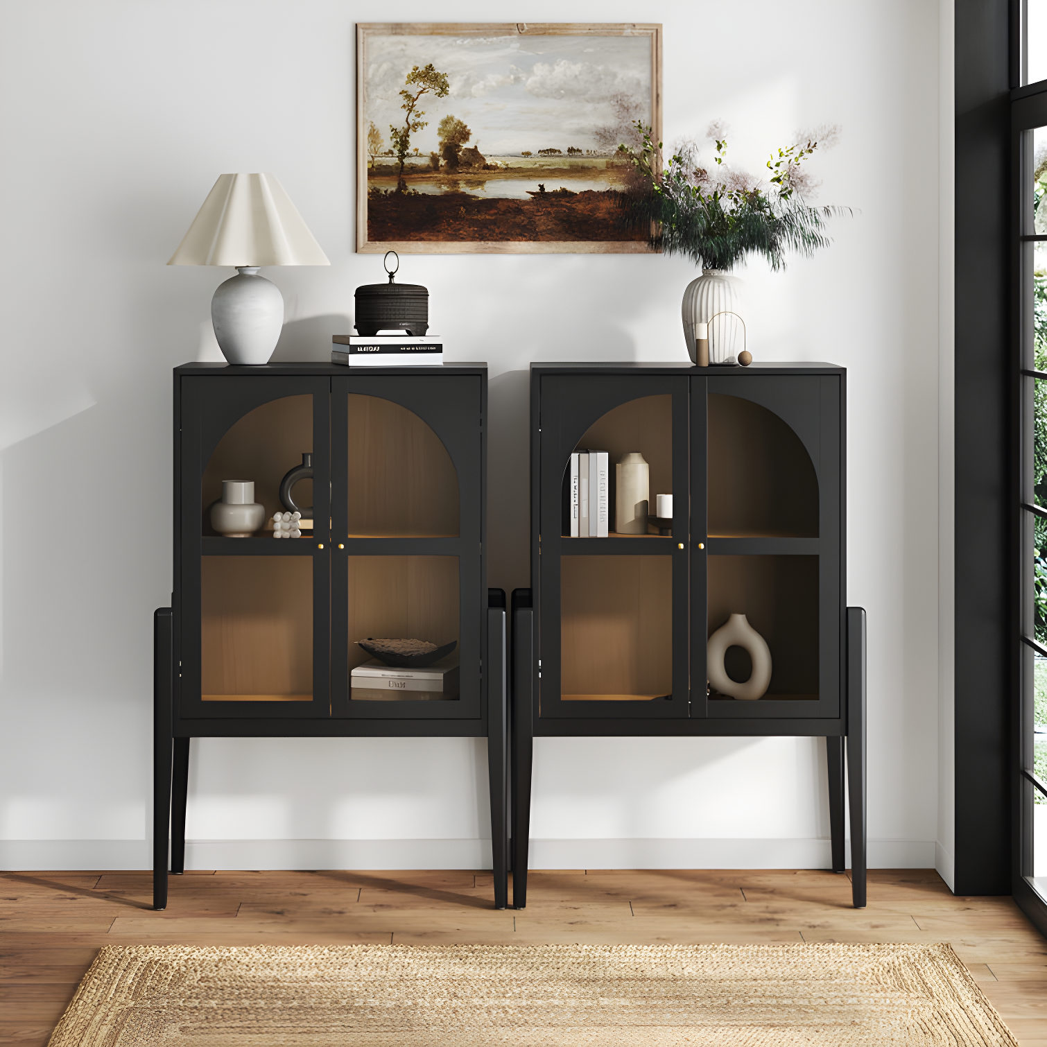 Shadow Black and Oak Mid-Century Modern Storage Cabinet Set