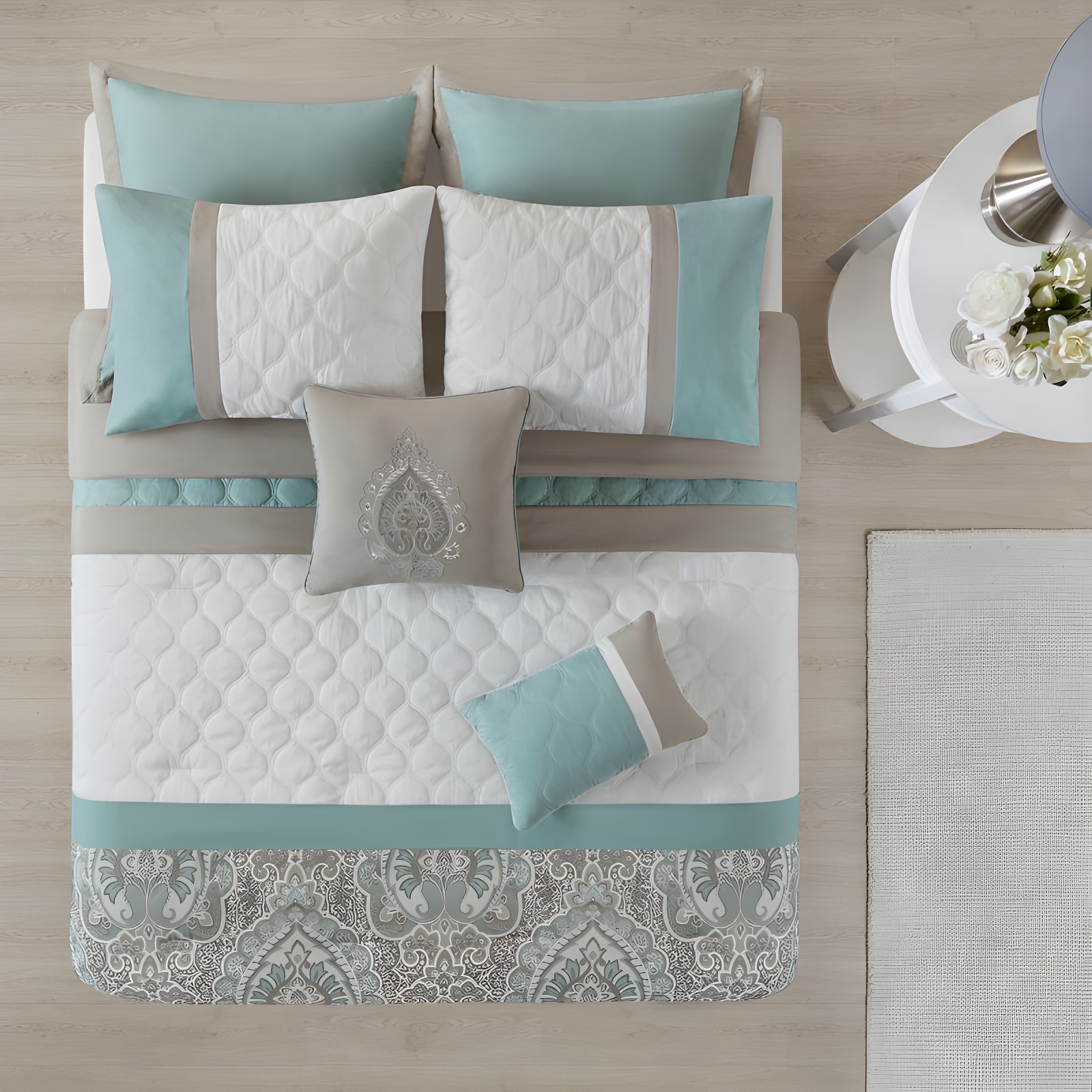 Seafoam and Beige Microfiber Queen 8-Piece Comforter Set