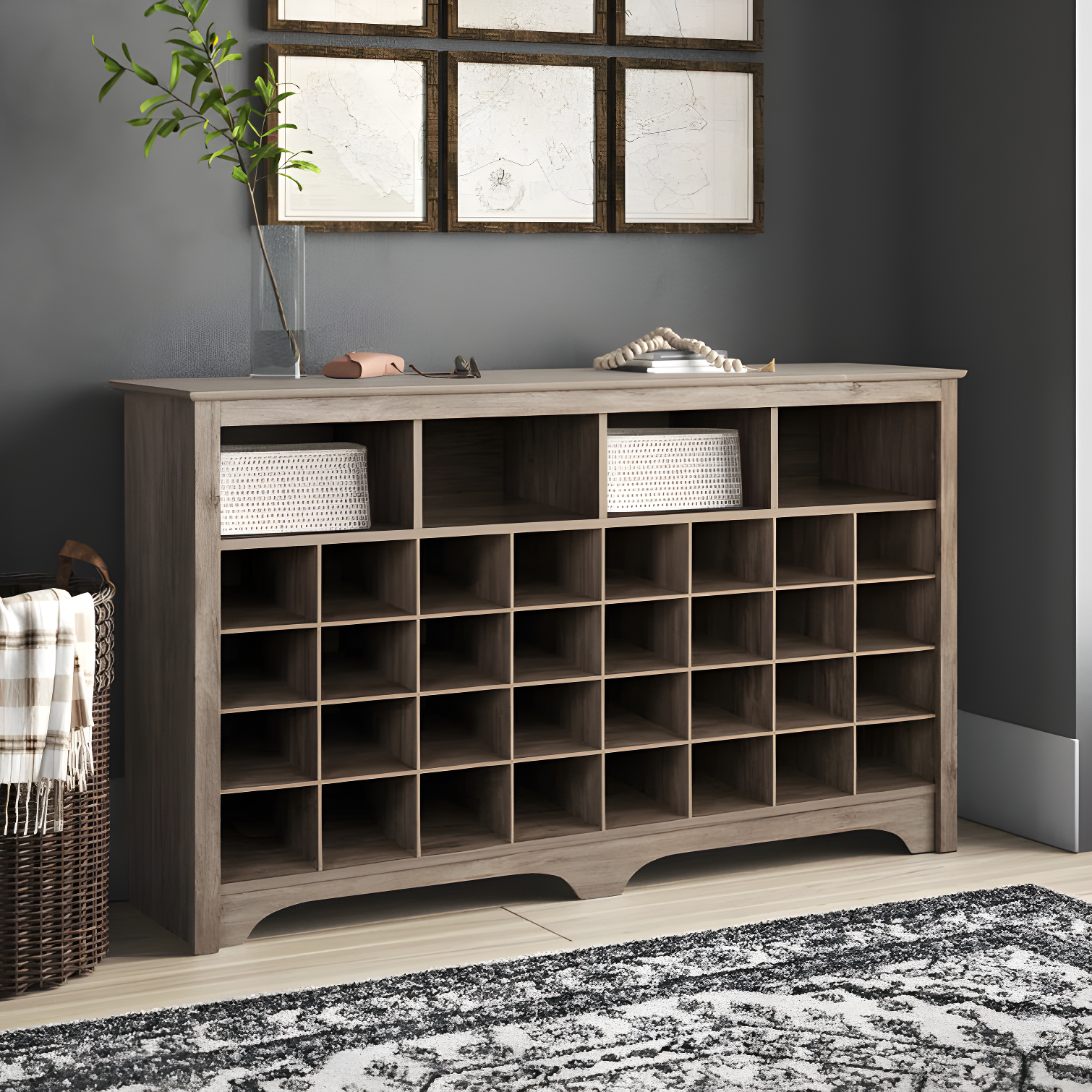 Drifted Gray 60" Wooden Shoe Cubby Console