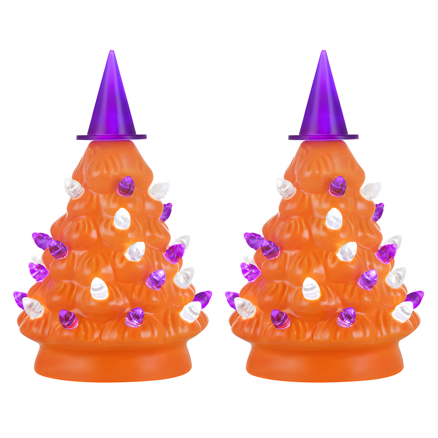 Set of 2 Orange Ceramic Halloween Trees with LED Lights