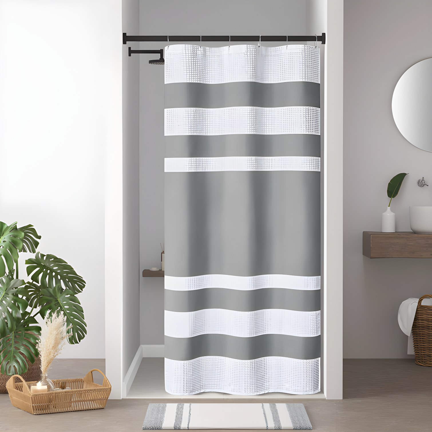 Gray and White Striped Spa Waffle Shower Curtain with 3M Treatment