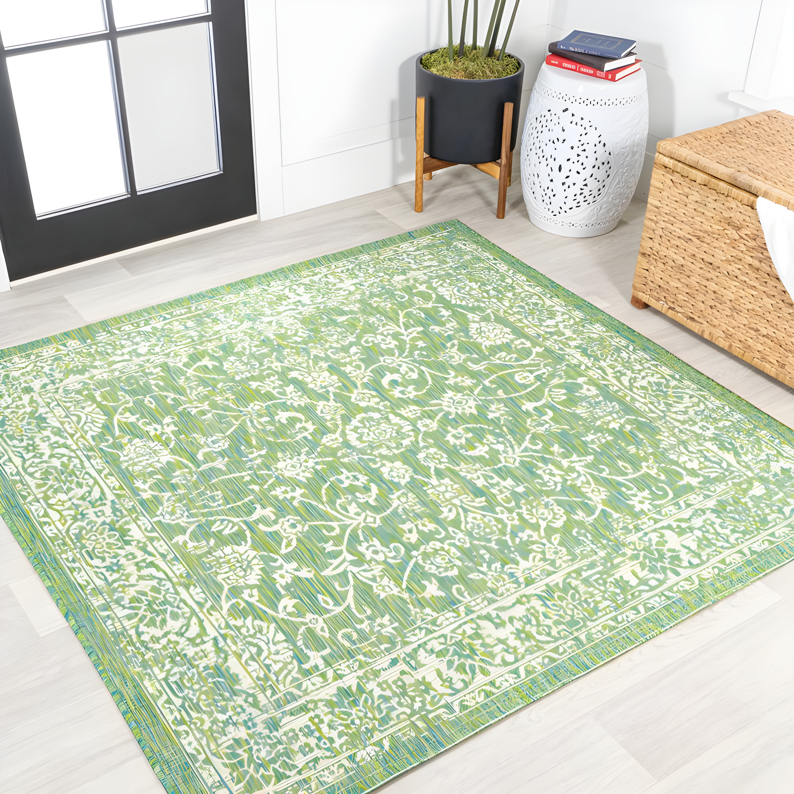 Tela Green and Cream Floral Square Indoor/Outdoor Rug