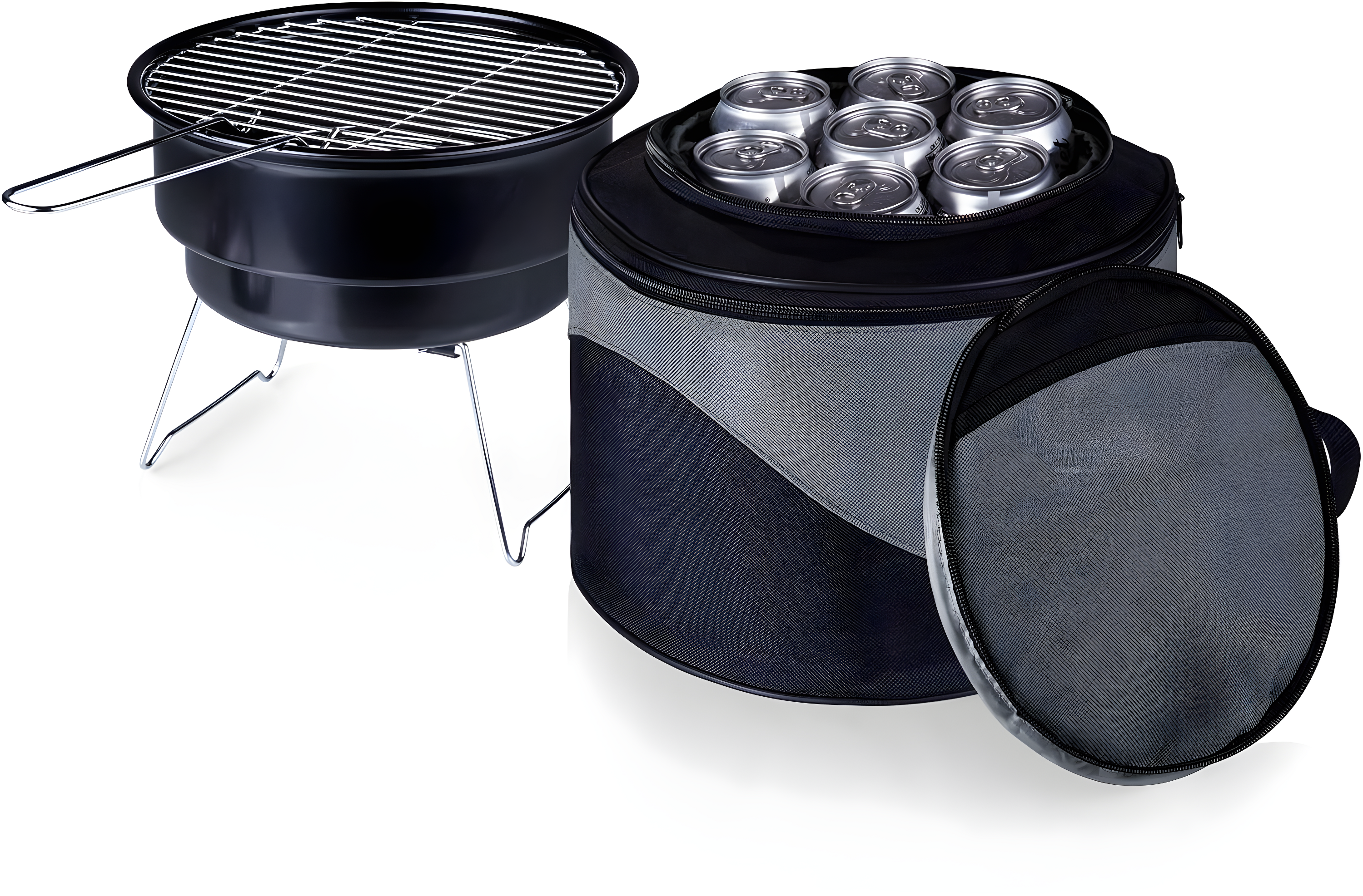 Black Chrome Portable Charcoal Grill with Cooler Tote